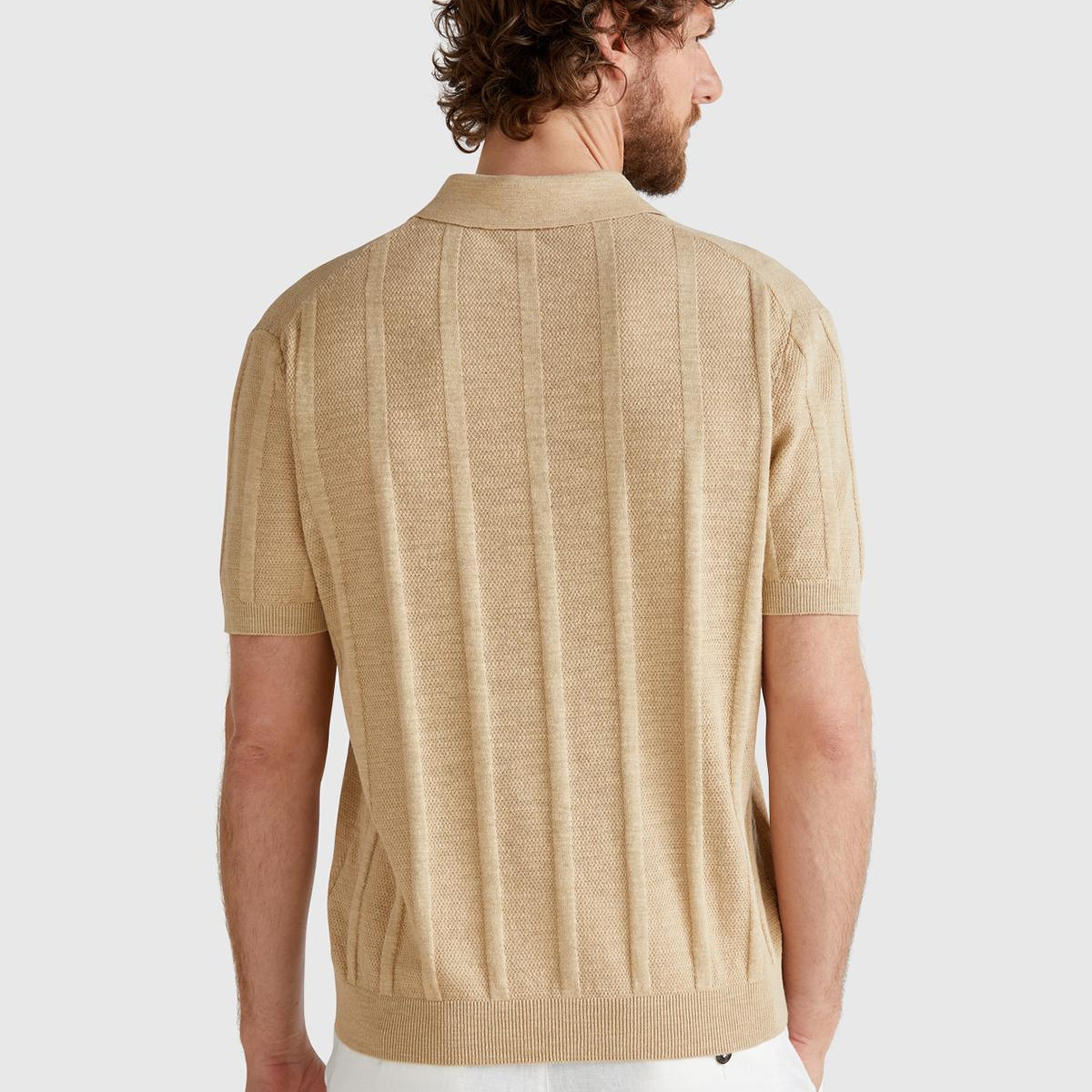 Erkek Bej Keten Pamuk Karışımlı Kontrastlı Düğmeli Regular Fit Triko Polo T-Shirt