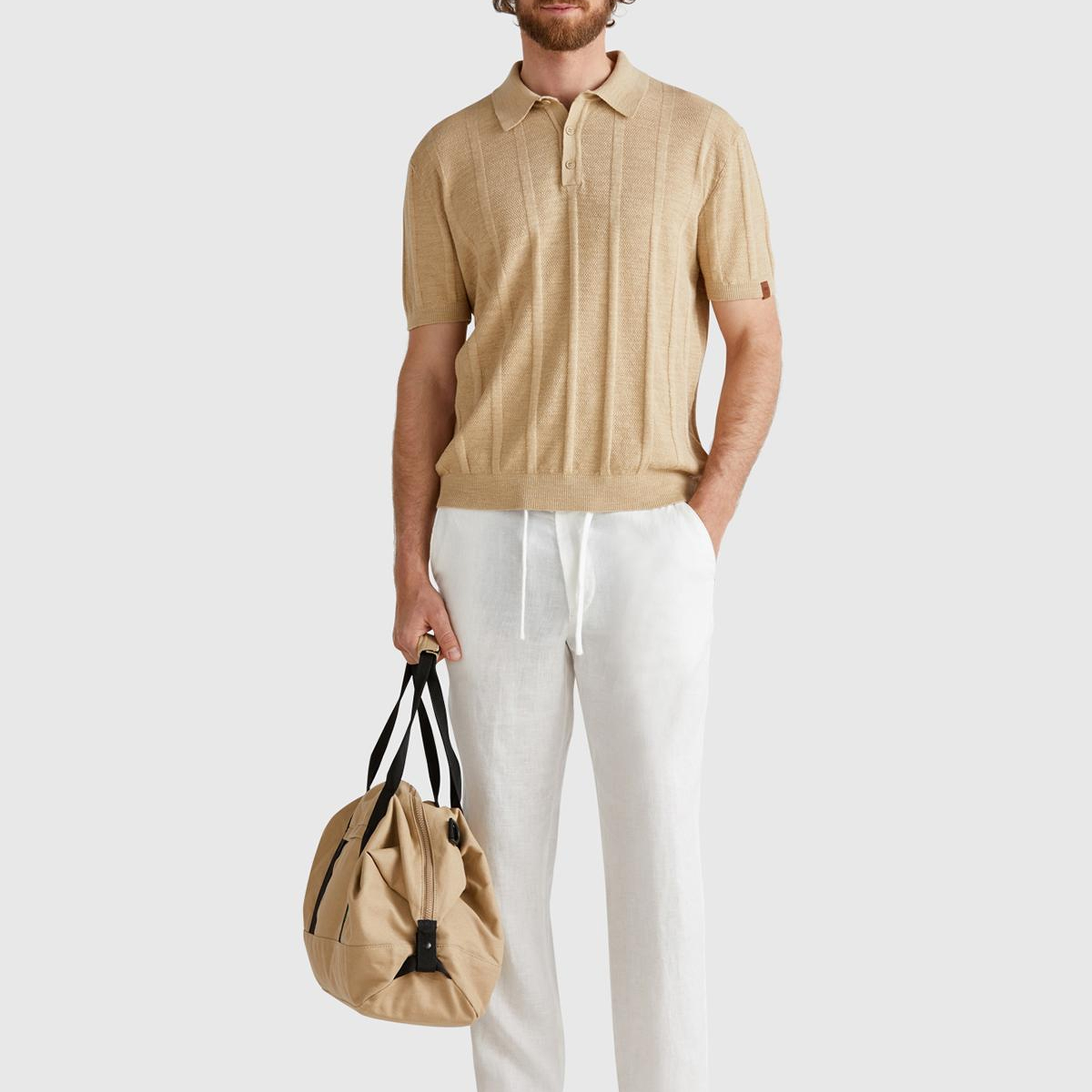 Erkek Bej Keten Pamuk Karışımlı Kontrastlı Düğmeli Regular Fit Triko Polo T-Shirt