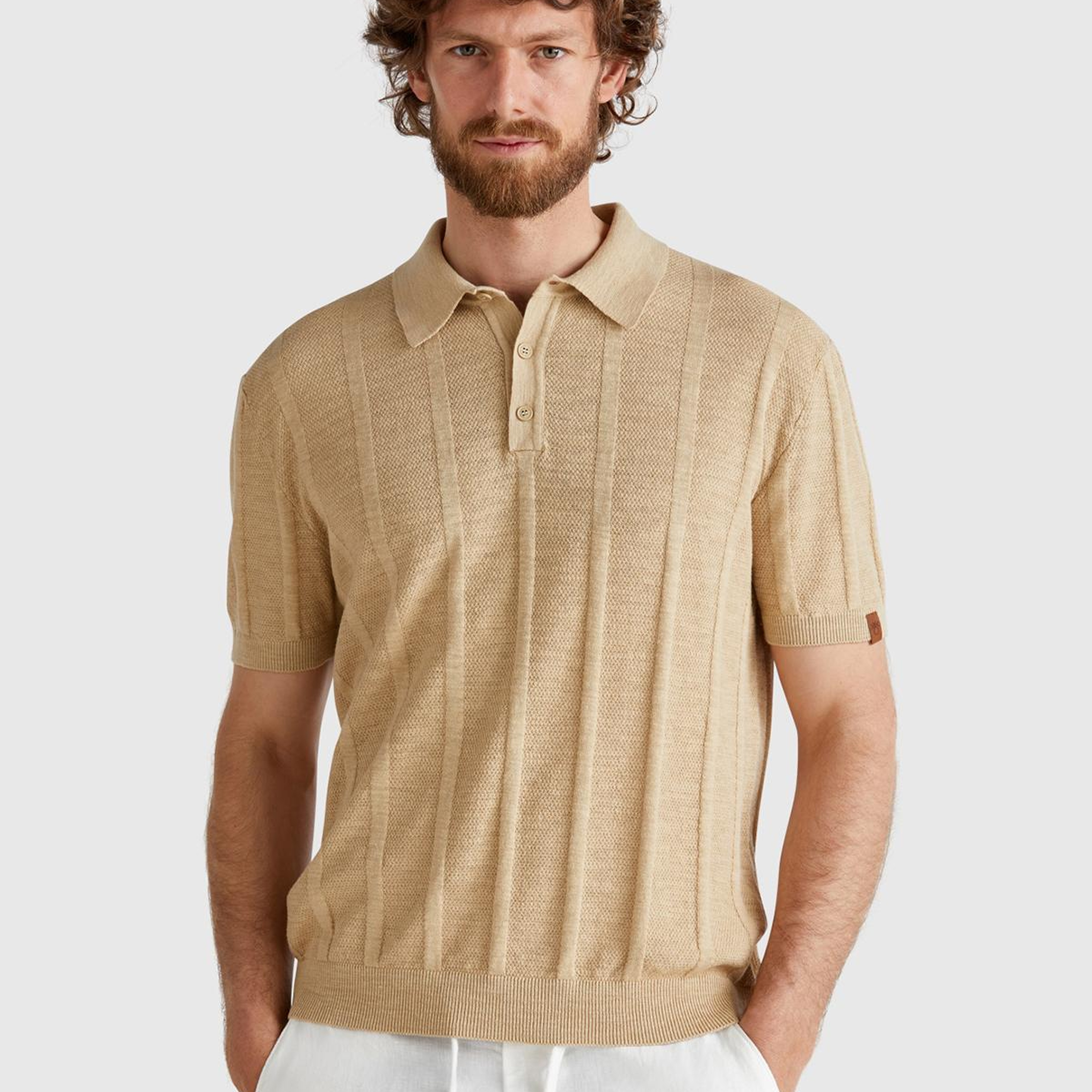 Erkek Bej Keten Pamuk Karışımlı Kontrastlı Düğmeli Regular Fit Triko Polo T-Shirt