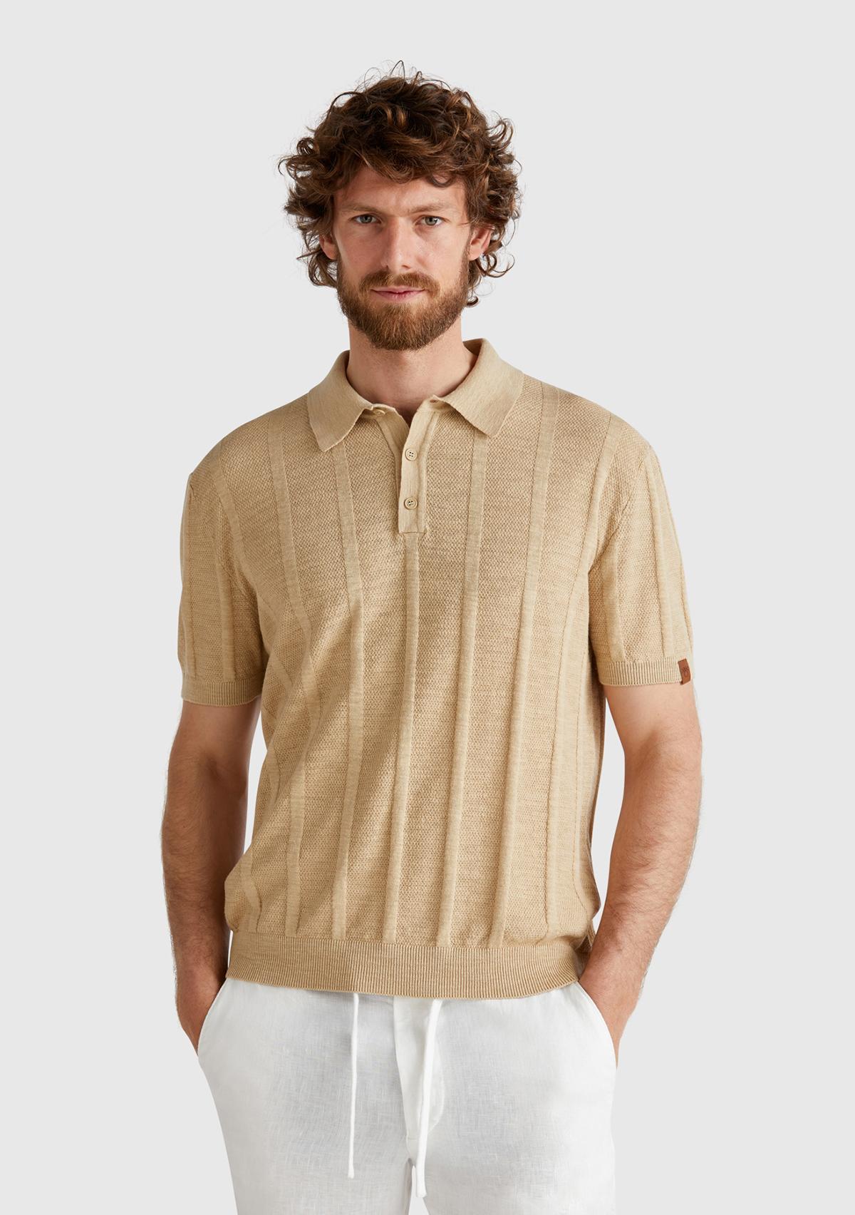 Erkek Bej Keten Pamuk Karışımlı Kontrastlı Düğmeli Regular Fit Triko Polo T-Shirt