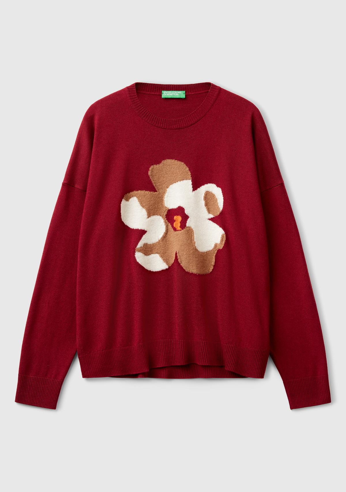 Kadın Bordo Viskoz Karışımlı Çiçek Desenli Kazak