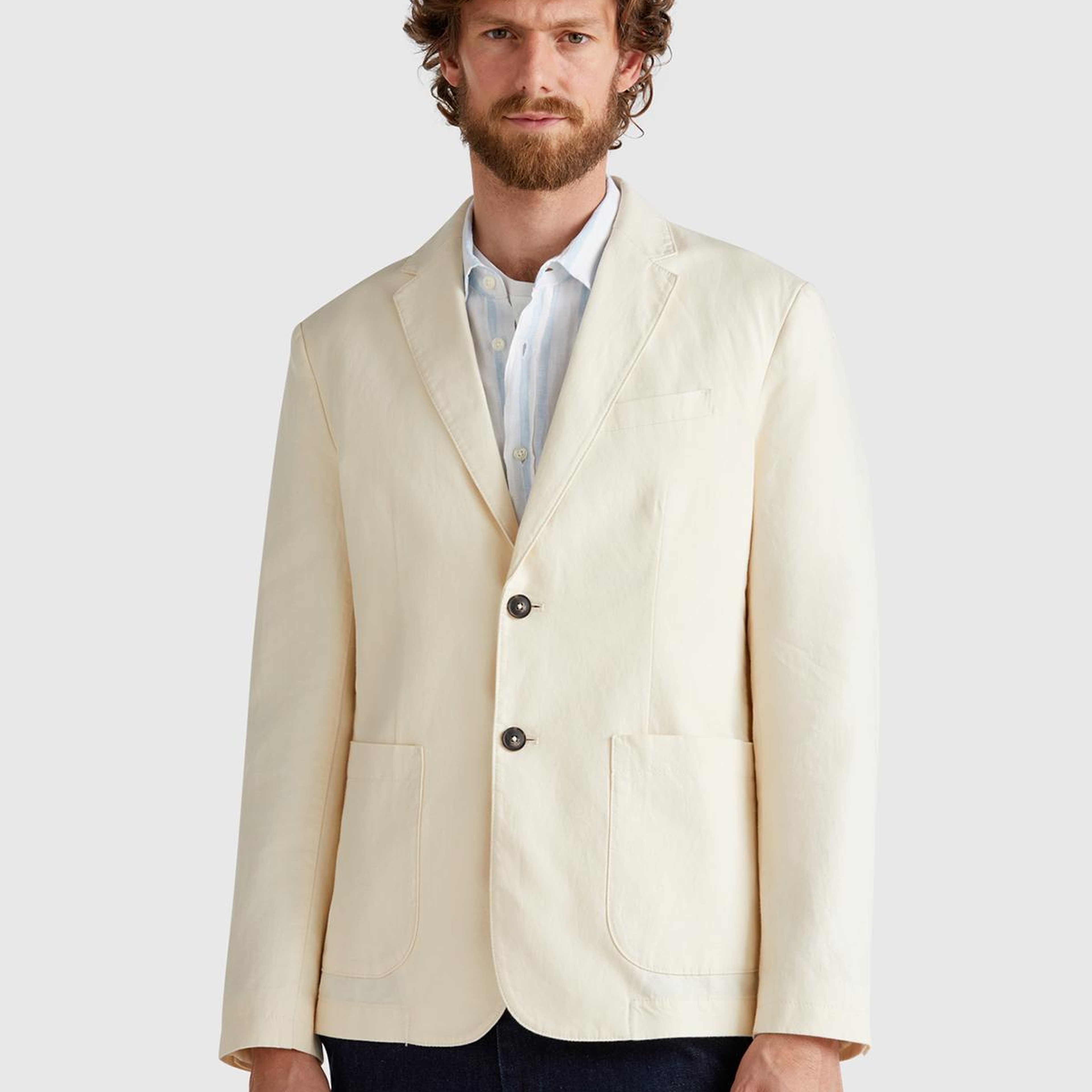 Erkek Bej Keten Karışımlı Biyeli Cep Detaylı Çift Düğmeli Blazer Ceket