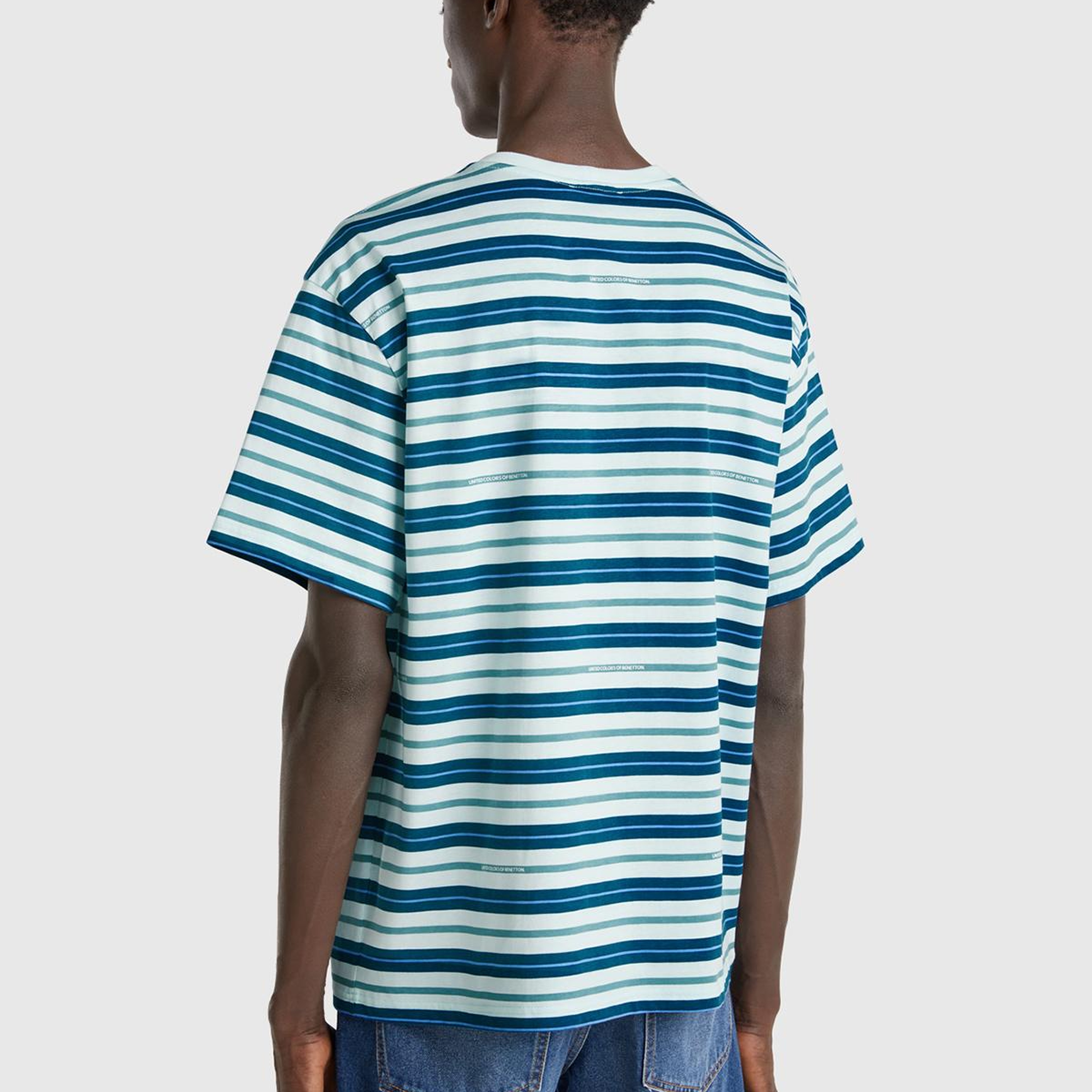 Erkek Mavi Mix %100 Pamuk Çizgili Logo Baskılı Oversize T-Shirt