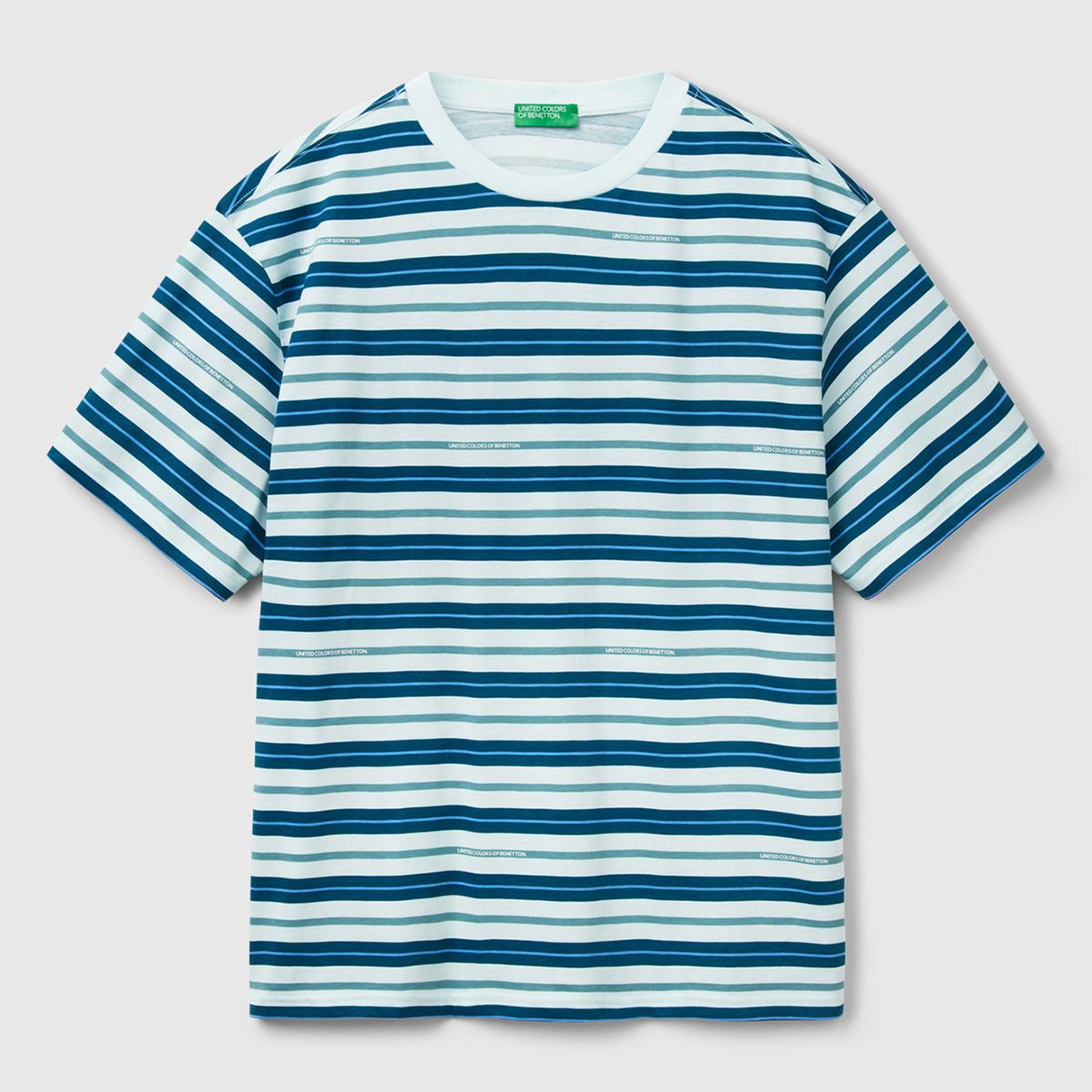 Erkek Mavi Mix %100 Pamuk Çizgili Logo Baskılı Oversize T-Shirt