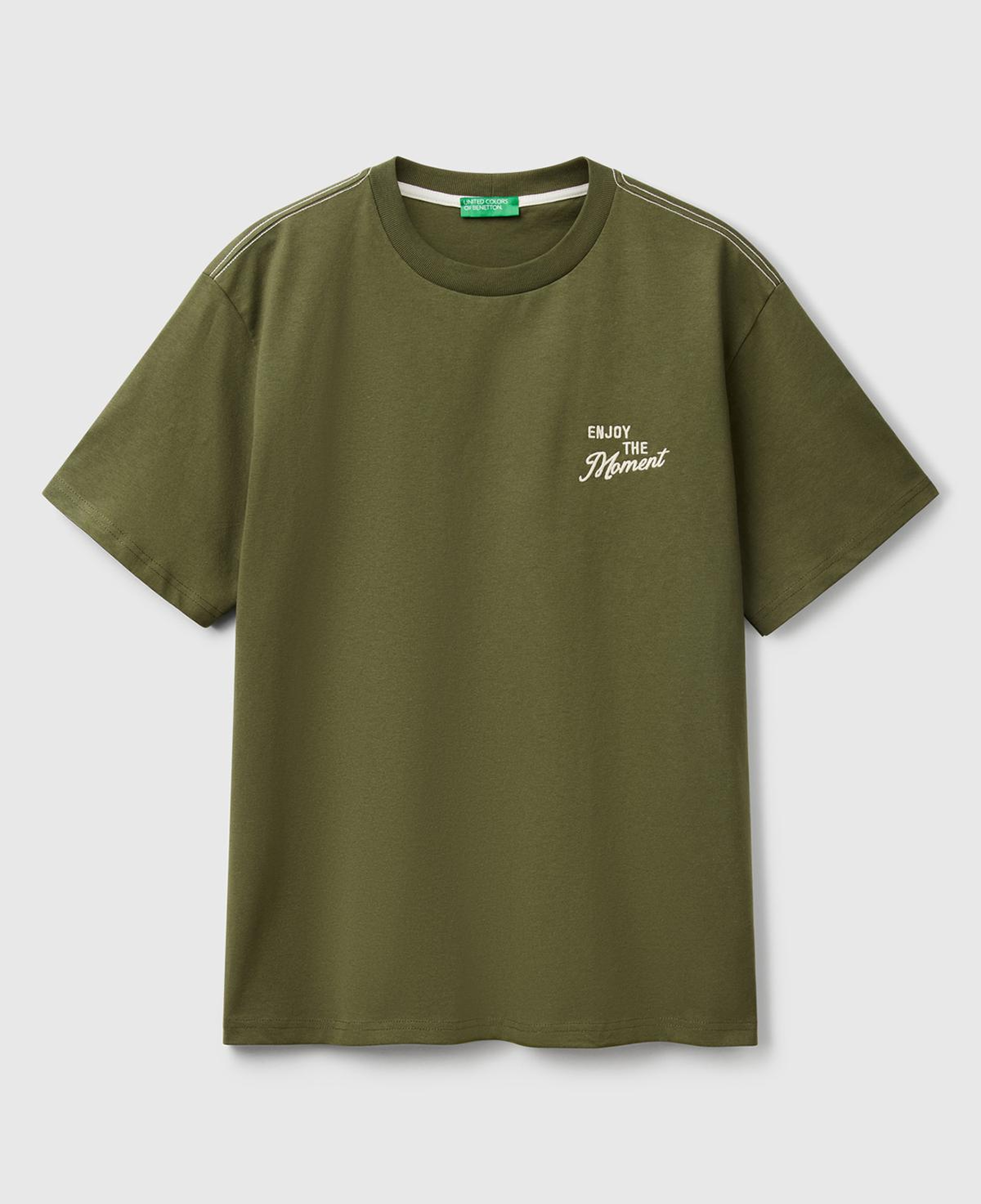 Erkek Haki %100 Pamuk Sol Önü Baskılı Relax Fit Bisiklet Yaka T-Shirt