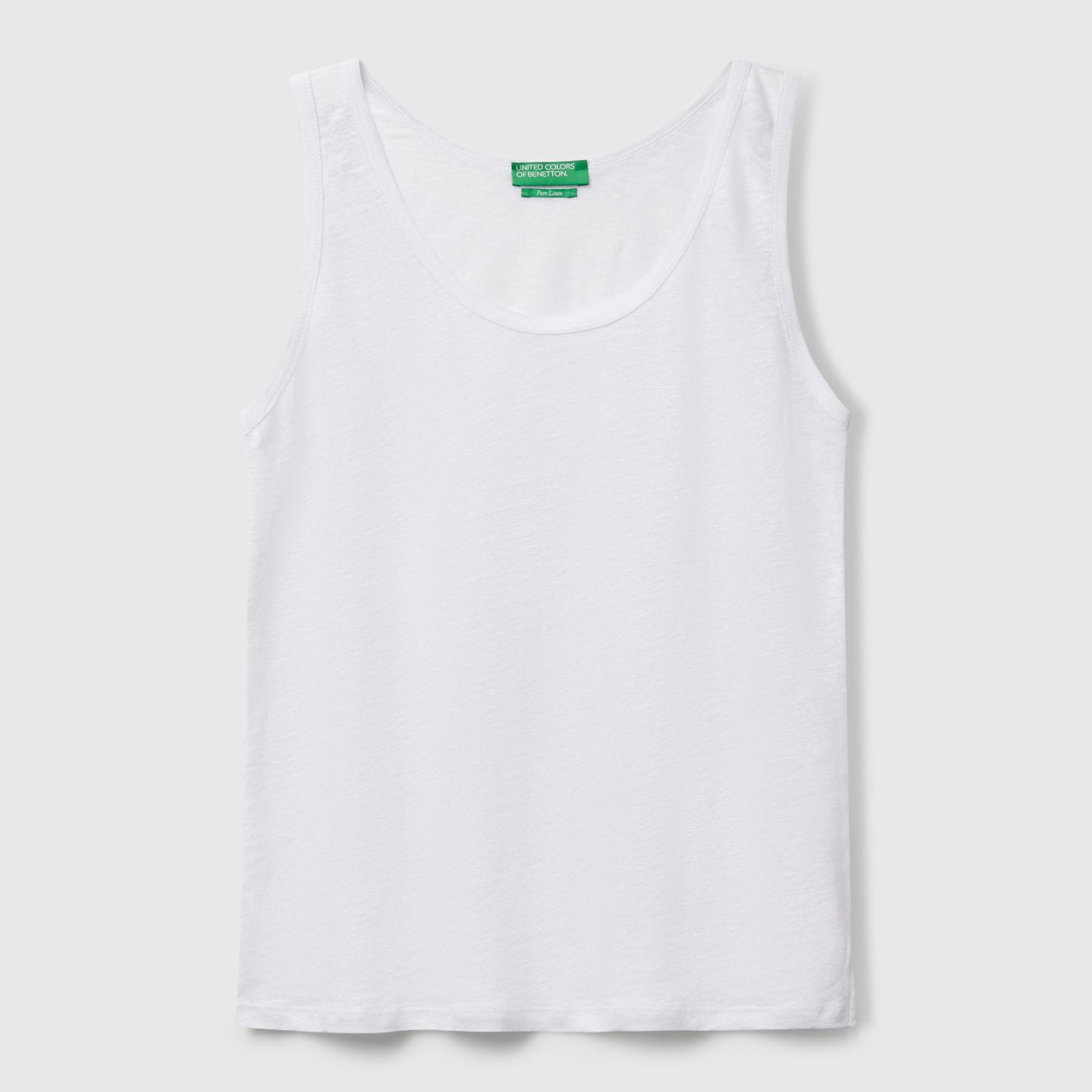 Kadın Beyaz %100 Keten Yanları Yırtmaçlı Regular Fit Yuvarlak Yaka Atlet