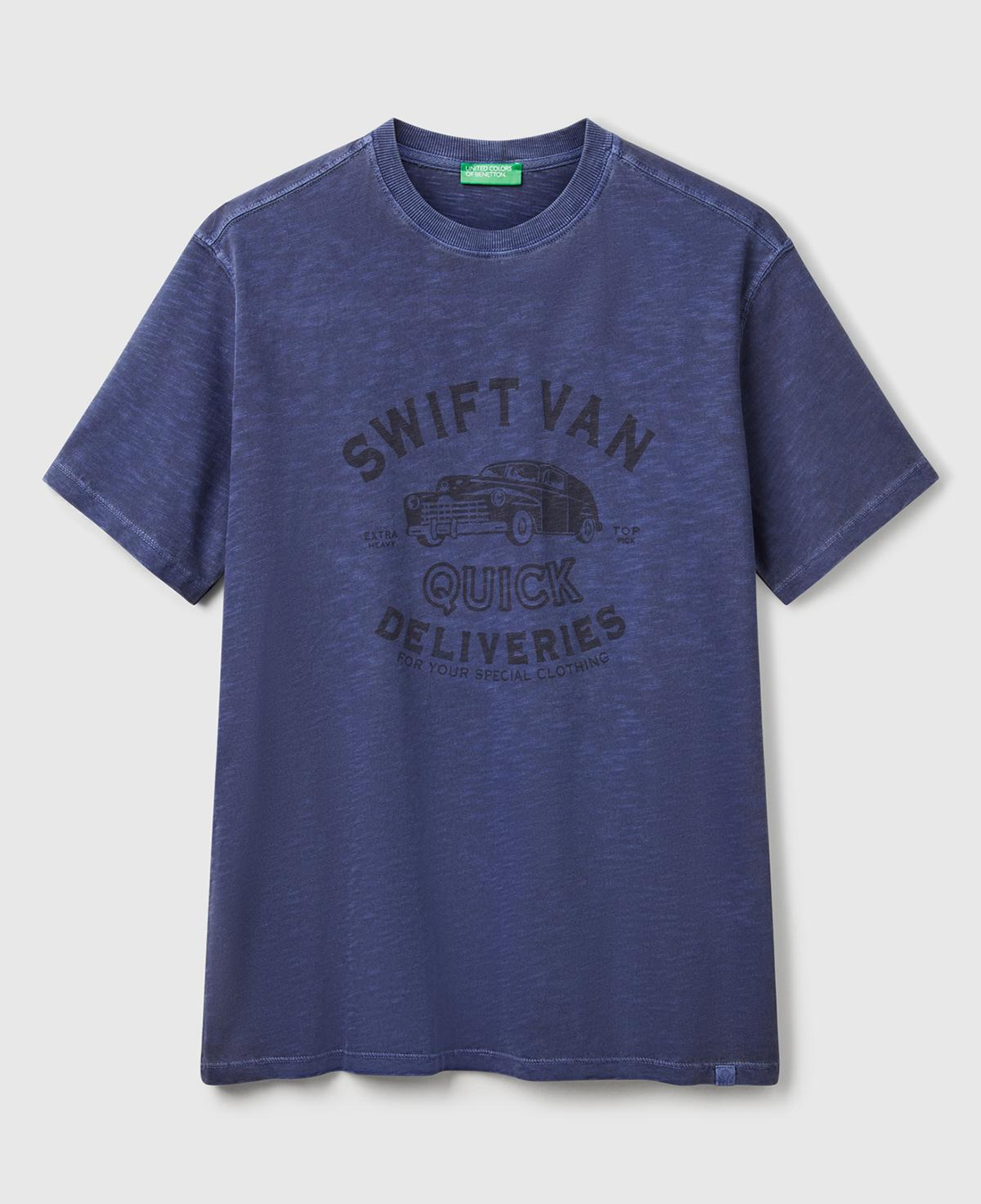 Erkek İndigo %100 Pamuk Yıpranmış Efektli Önü Baskılı Relax Fit T-Shirt