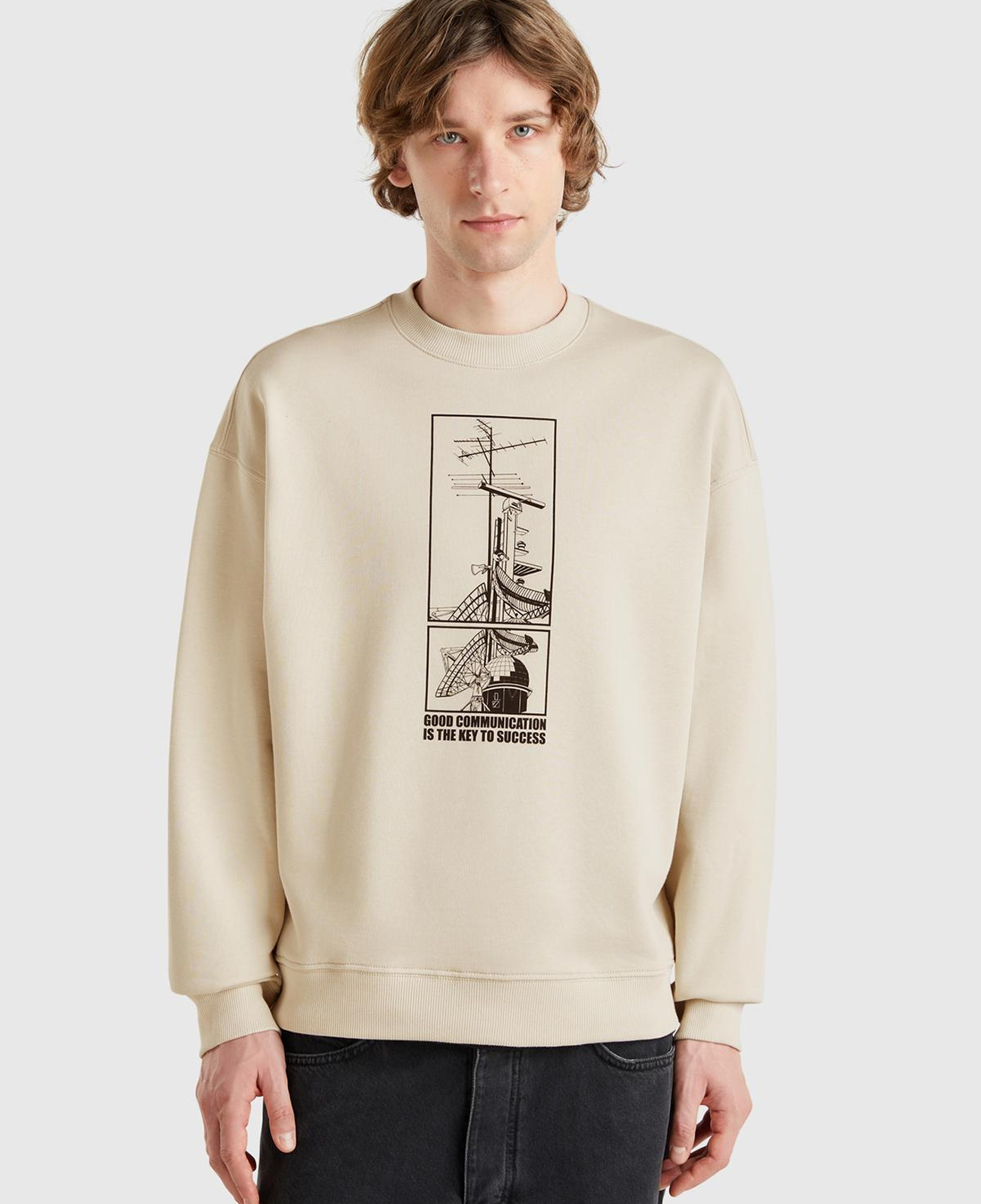 Erkek Taş Rengi Pamuk Karışımlı Önü Baskılı Relax Fit Sweatshirt