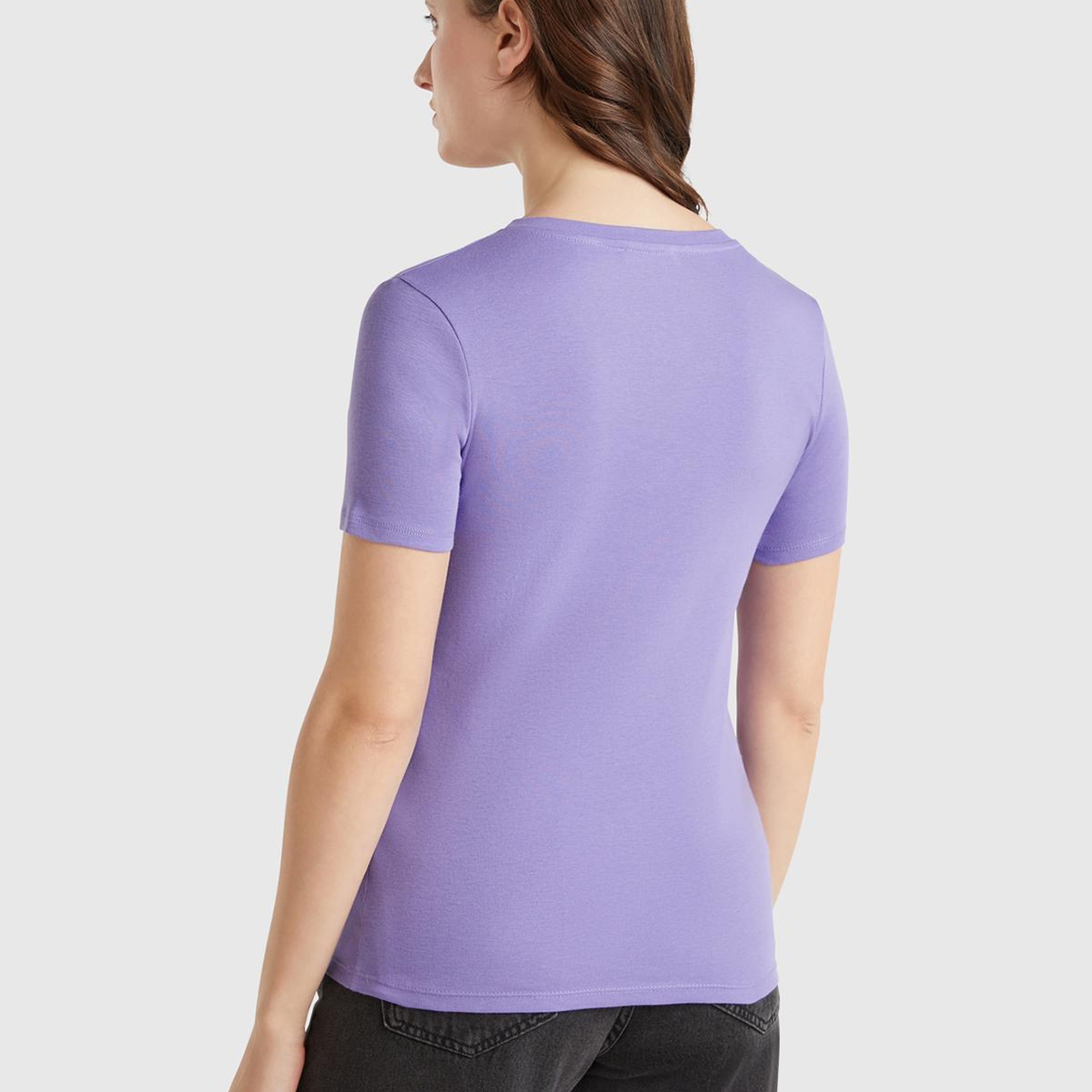 Kadın Mor %100 Pamuk V Yaka Basic T-Shirt