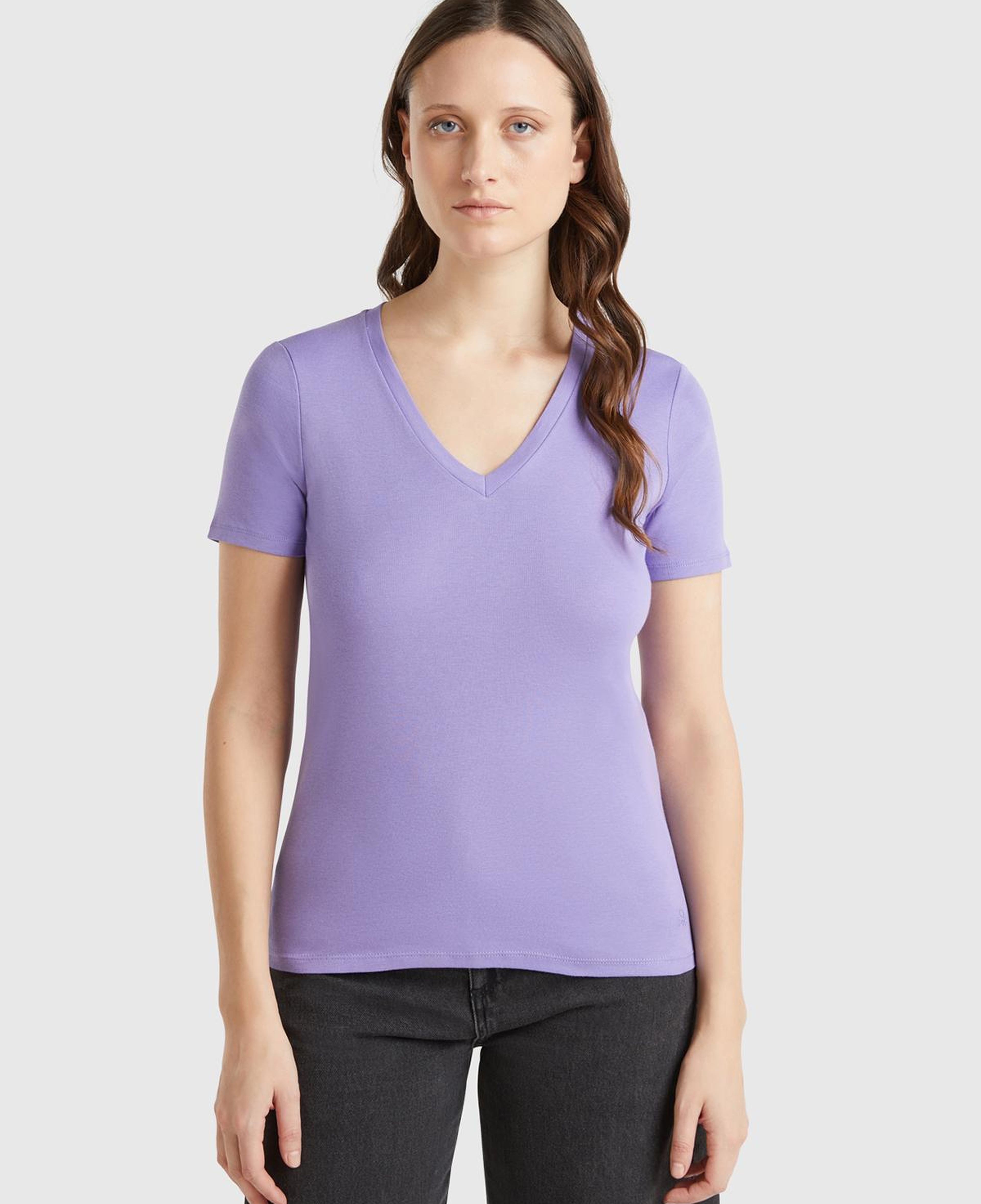 Kadın Mor %100 Pamuk V Yaka Basic T-Shirt