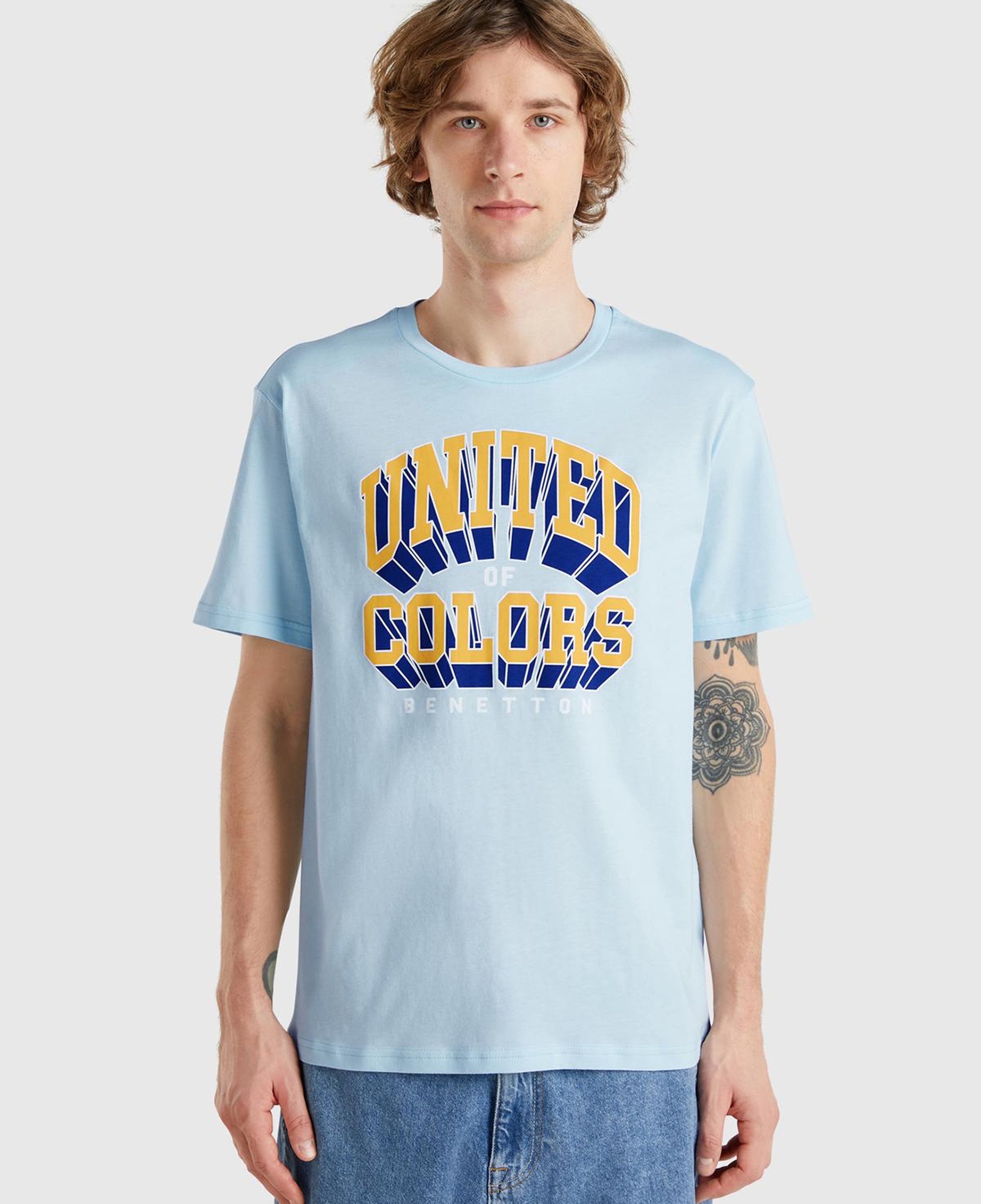 Erkek Açık Mavi %100 Pamuk Önü Logo Baskılı Relax Fit T-Shirt