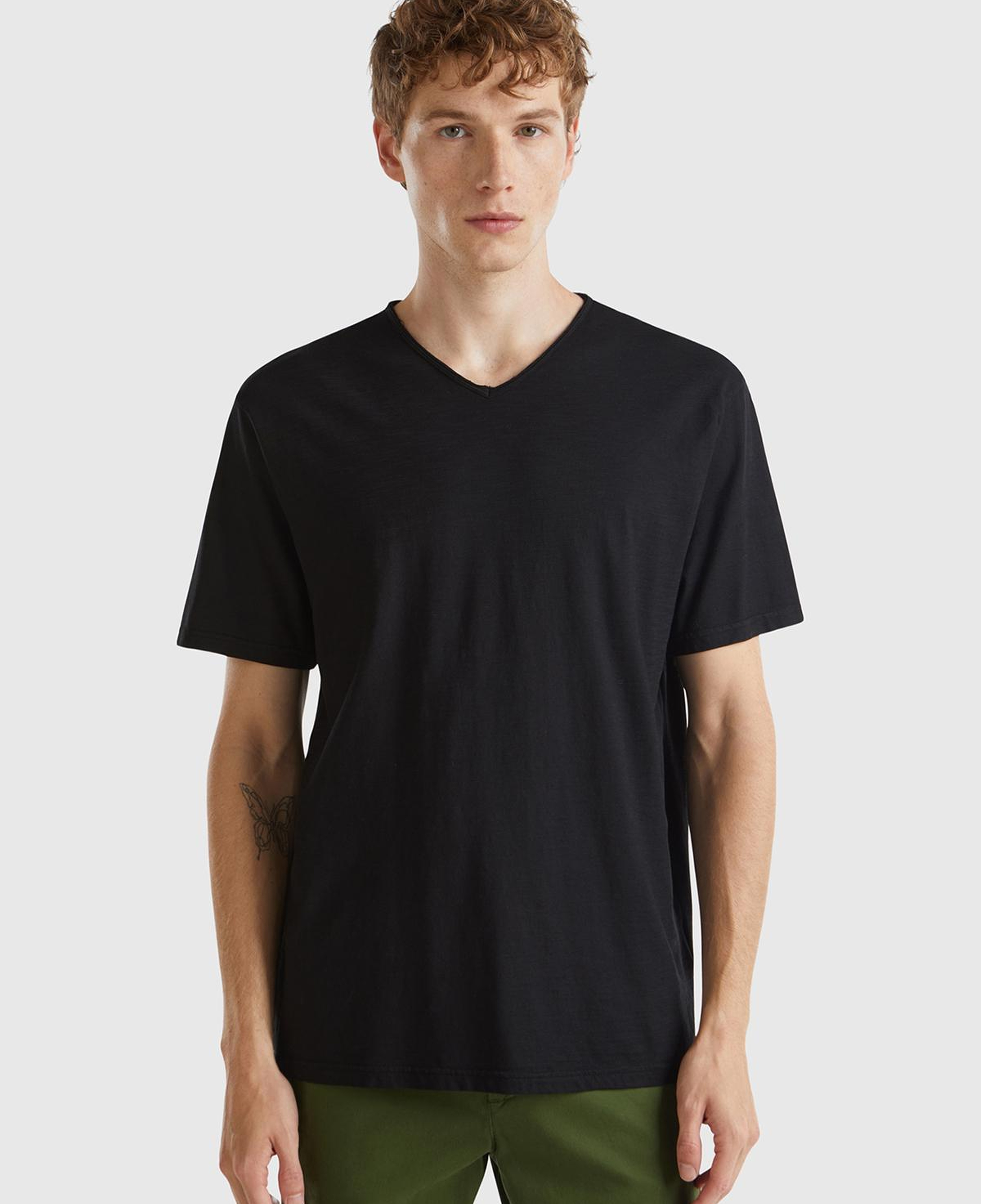 Erkek Siyah V Yaka Slub T-shirt