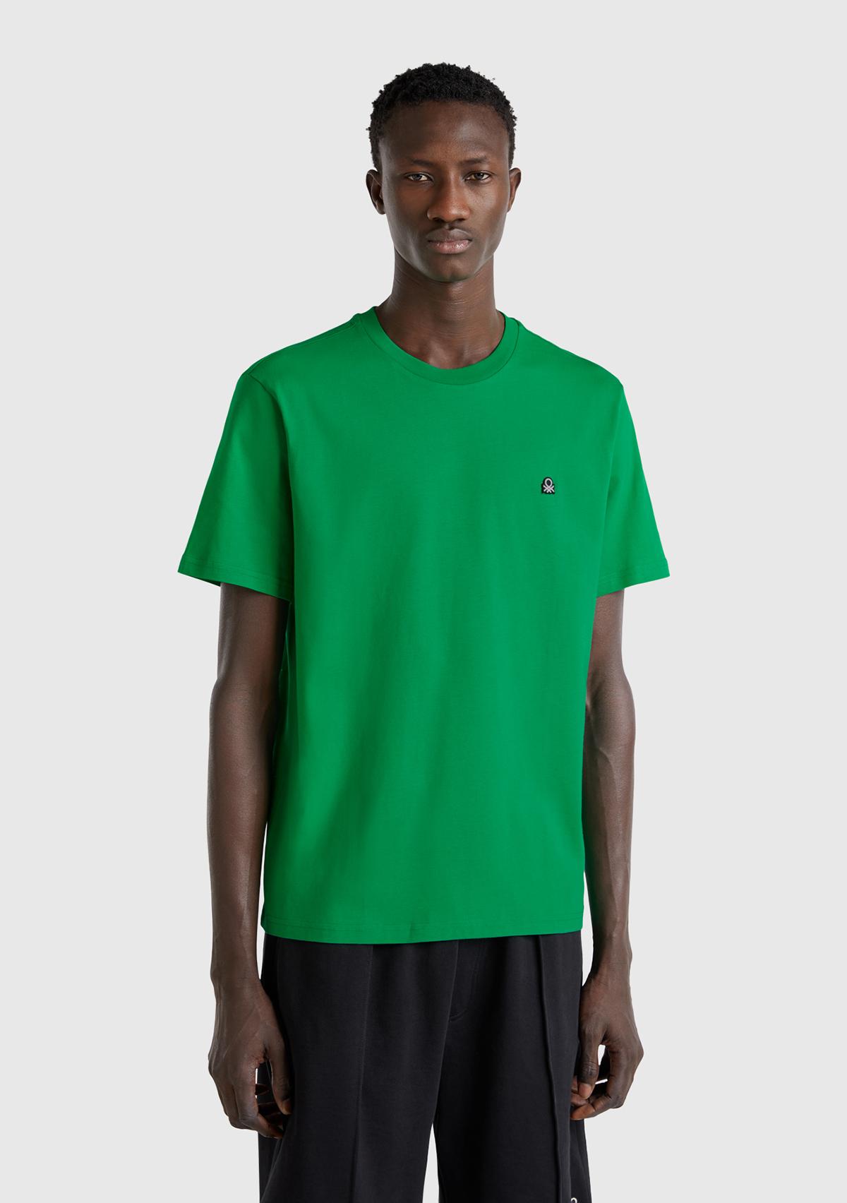 Erkek Yeşil %100 Koton Benetton Logolu Bisiklet Yaka T-Shirt