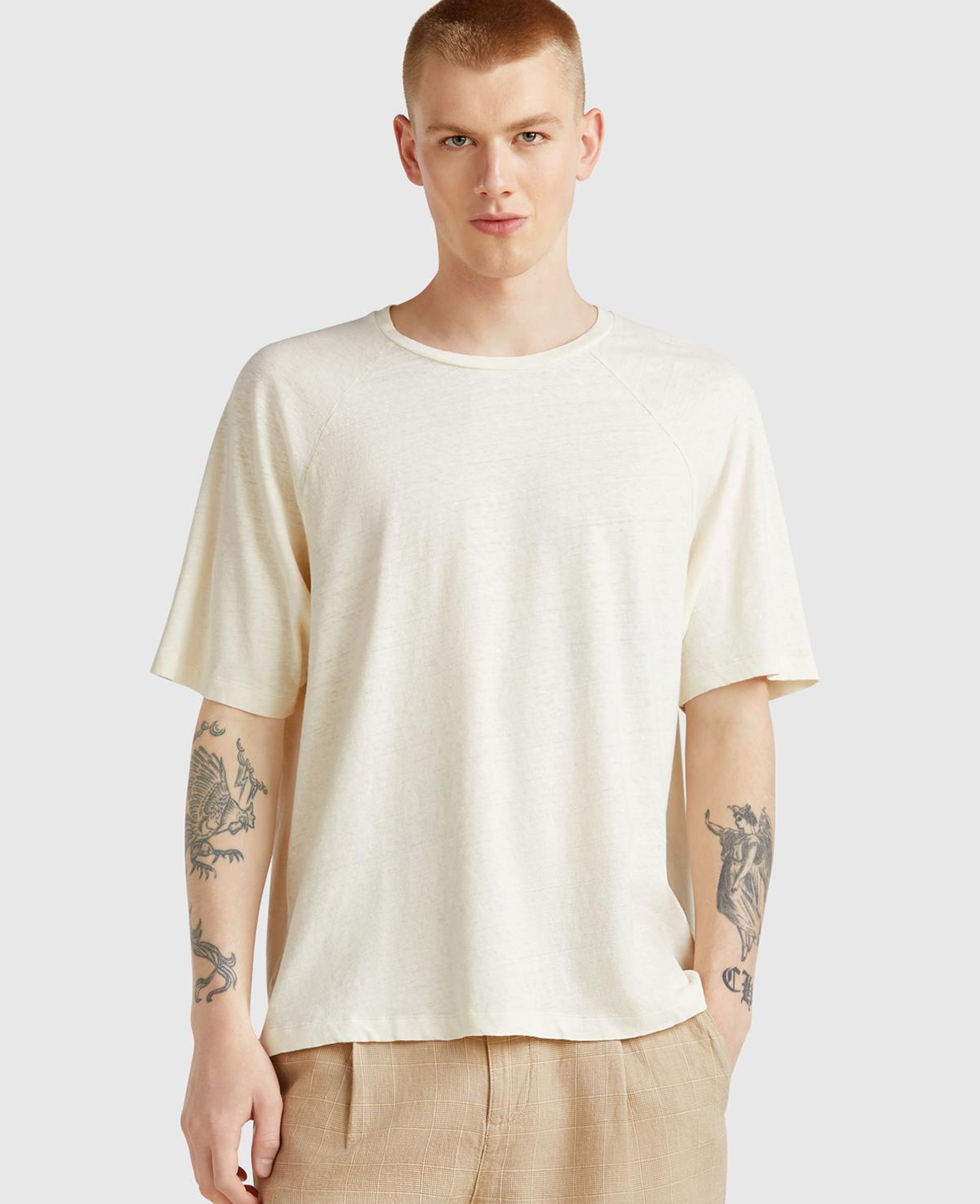 Erkek Taş Rengi Pamuk ve Keten Karışımlı Reglan Kol Relax Fit T-Shirt