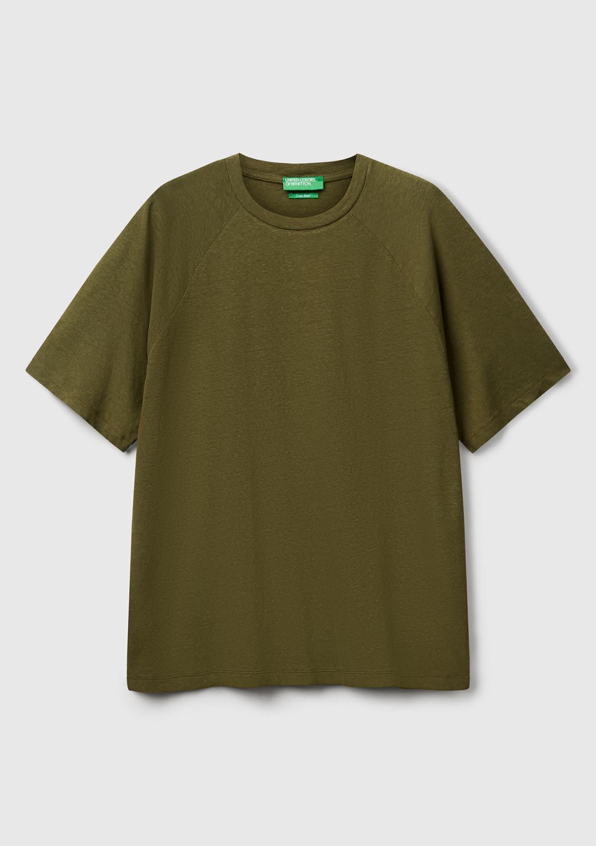Erkek Haki Pamuk ve Keten Karışımlı Reglan Kol Relax Fit T-Shirt