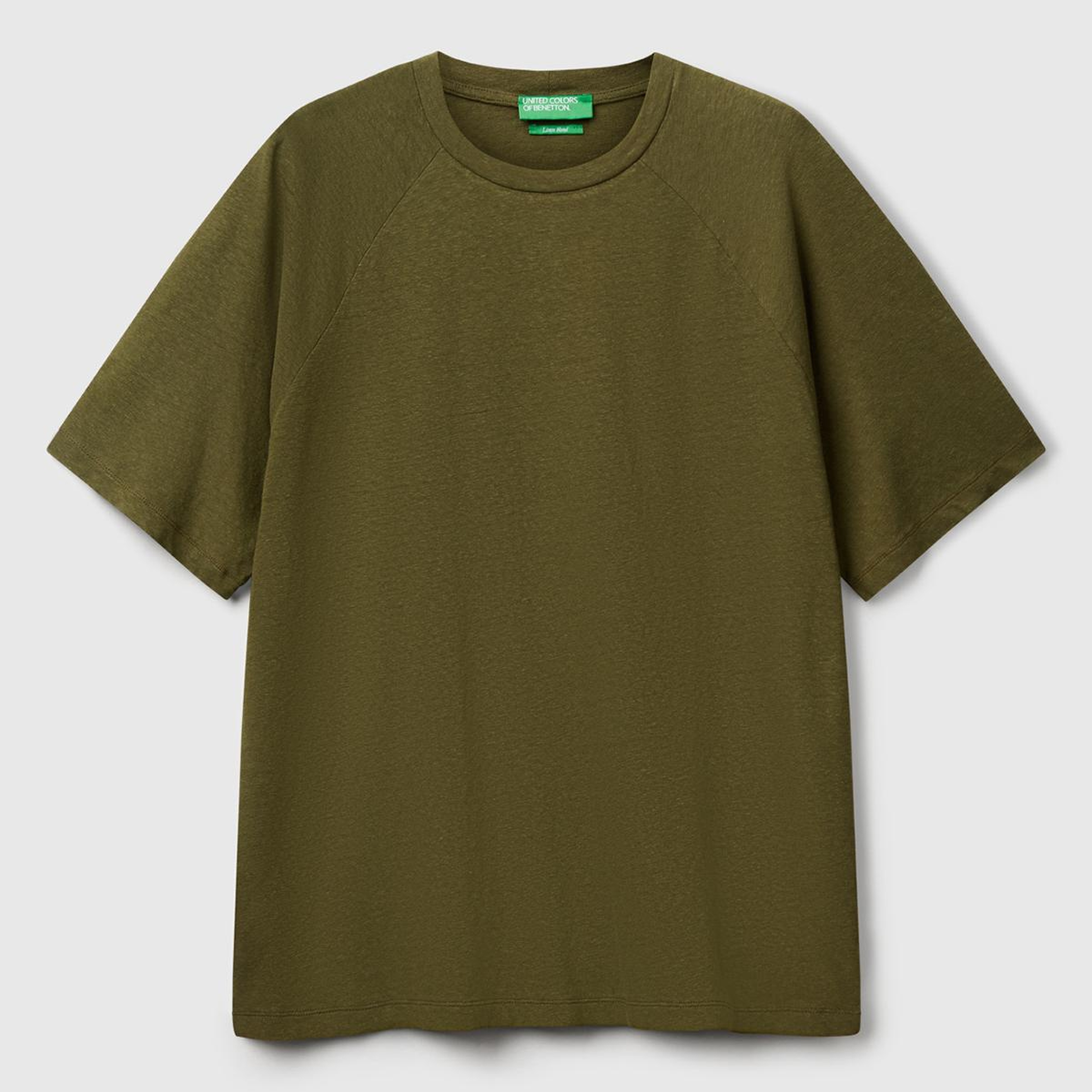 Erkek Haki Pamuk ve Keten Karışımlı Reglan Kol Relax Fit T-Shirt