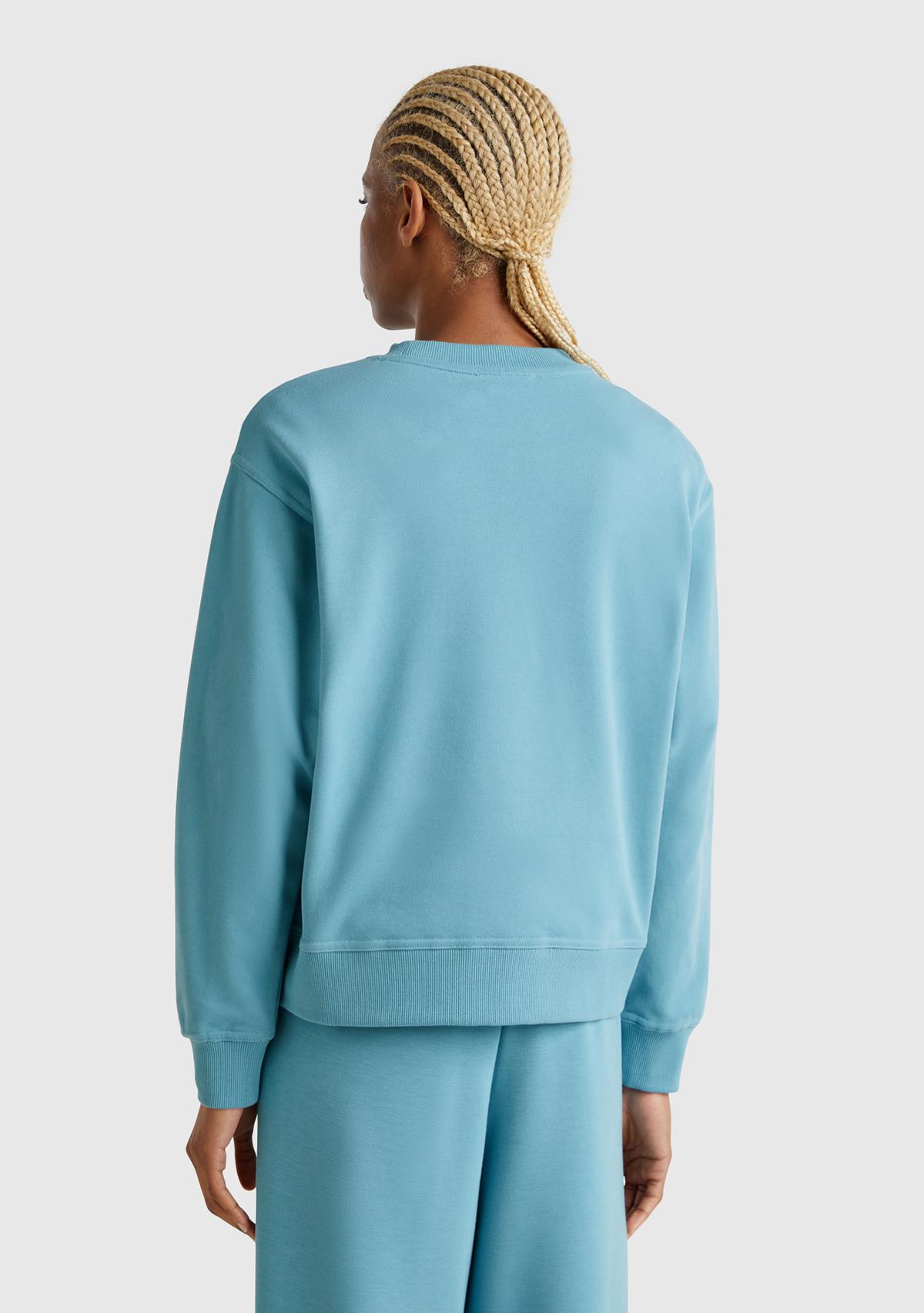 Kadın Mavi Koton Karışımlı Çiçek Desenli Sweatsihrt