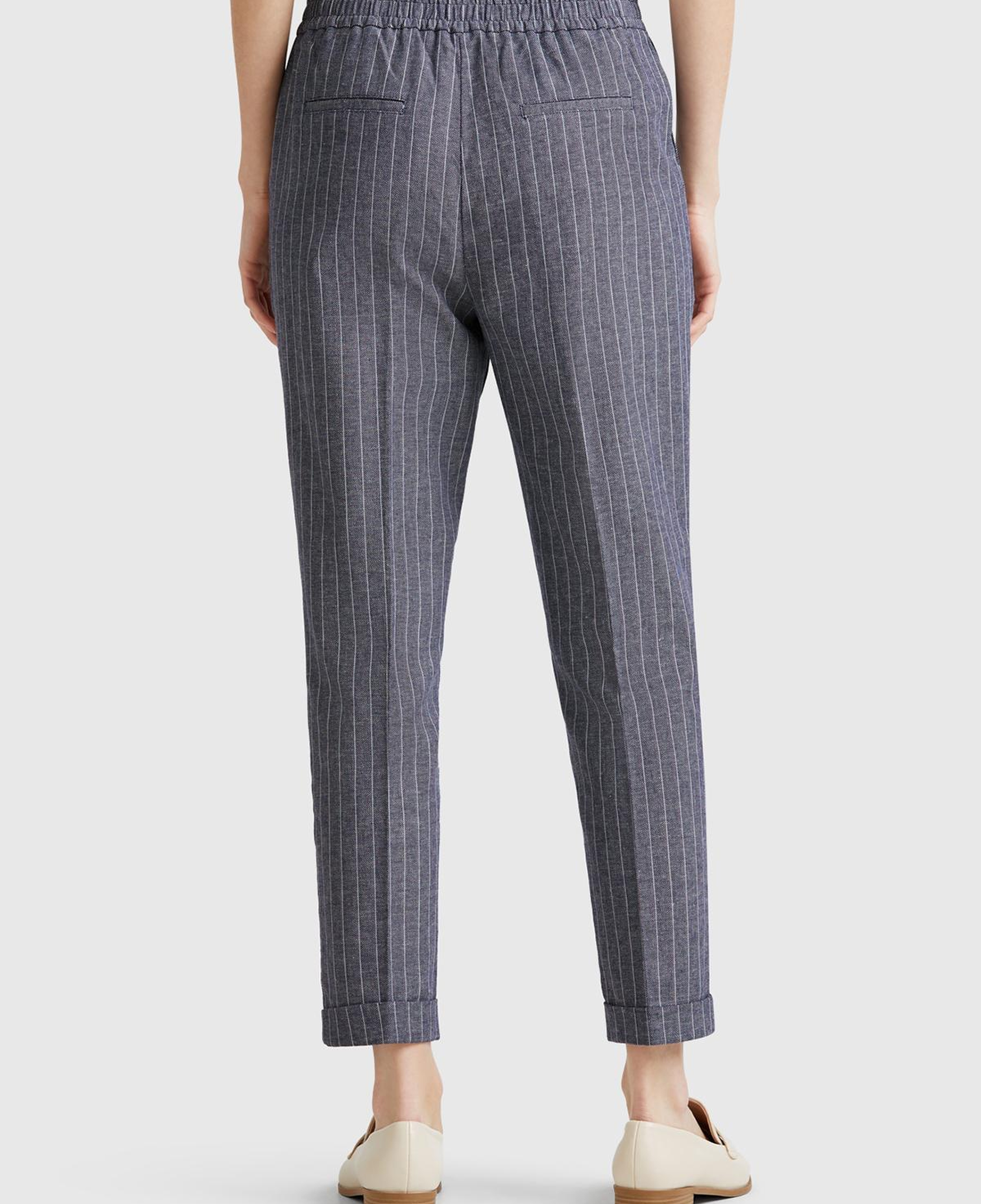 Kadın Lacivert Pamuk ve Keten Karışımlı İnce Çizgili Regular Fit Pantolon