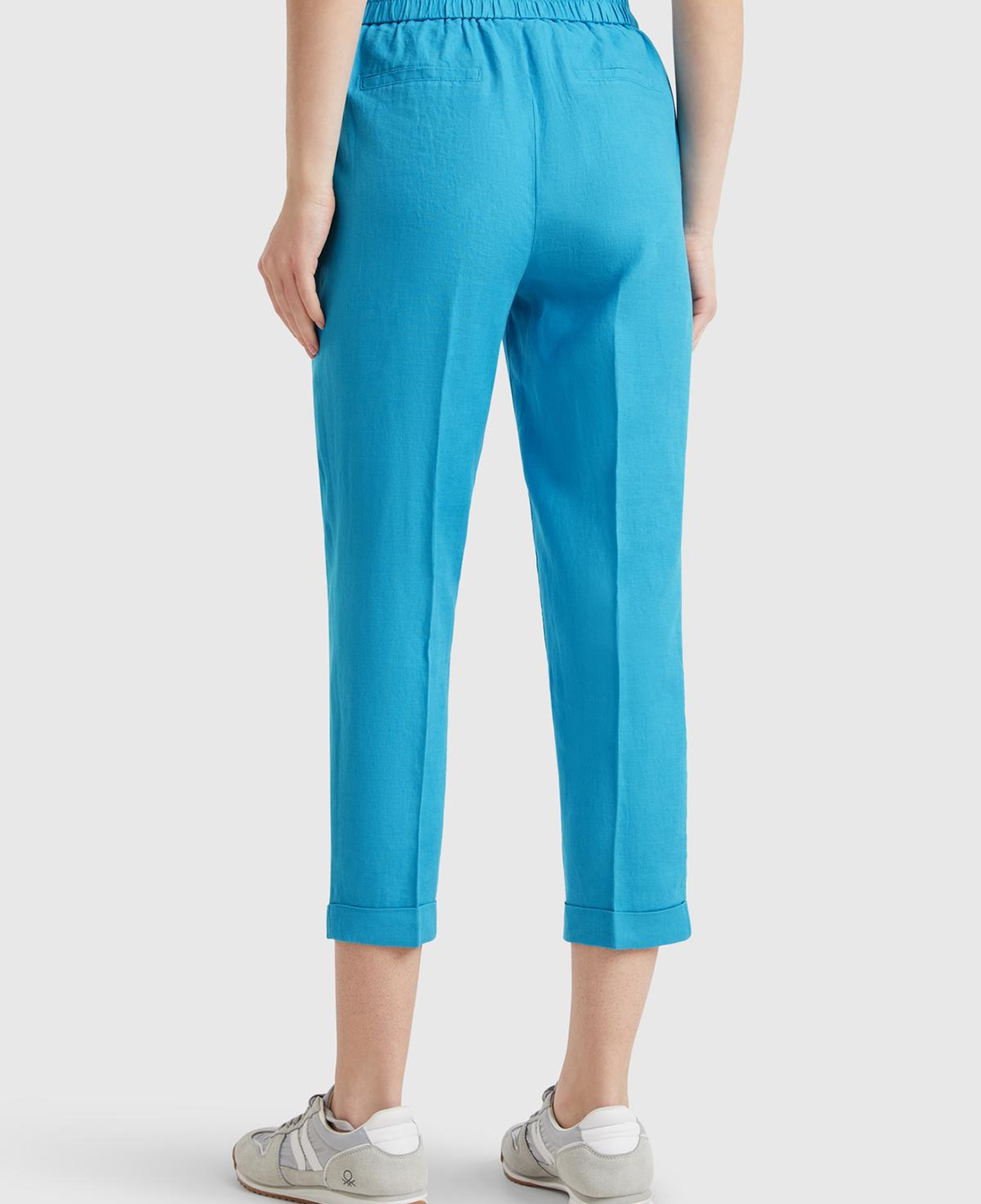 Kadın Mavi %100 Keten Beli Lastikli Pantolon