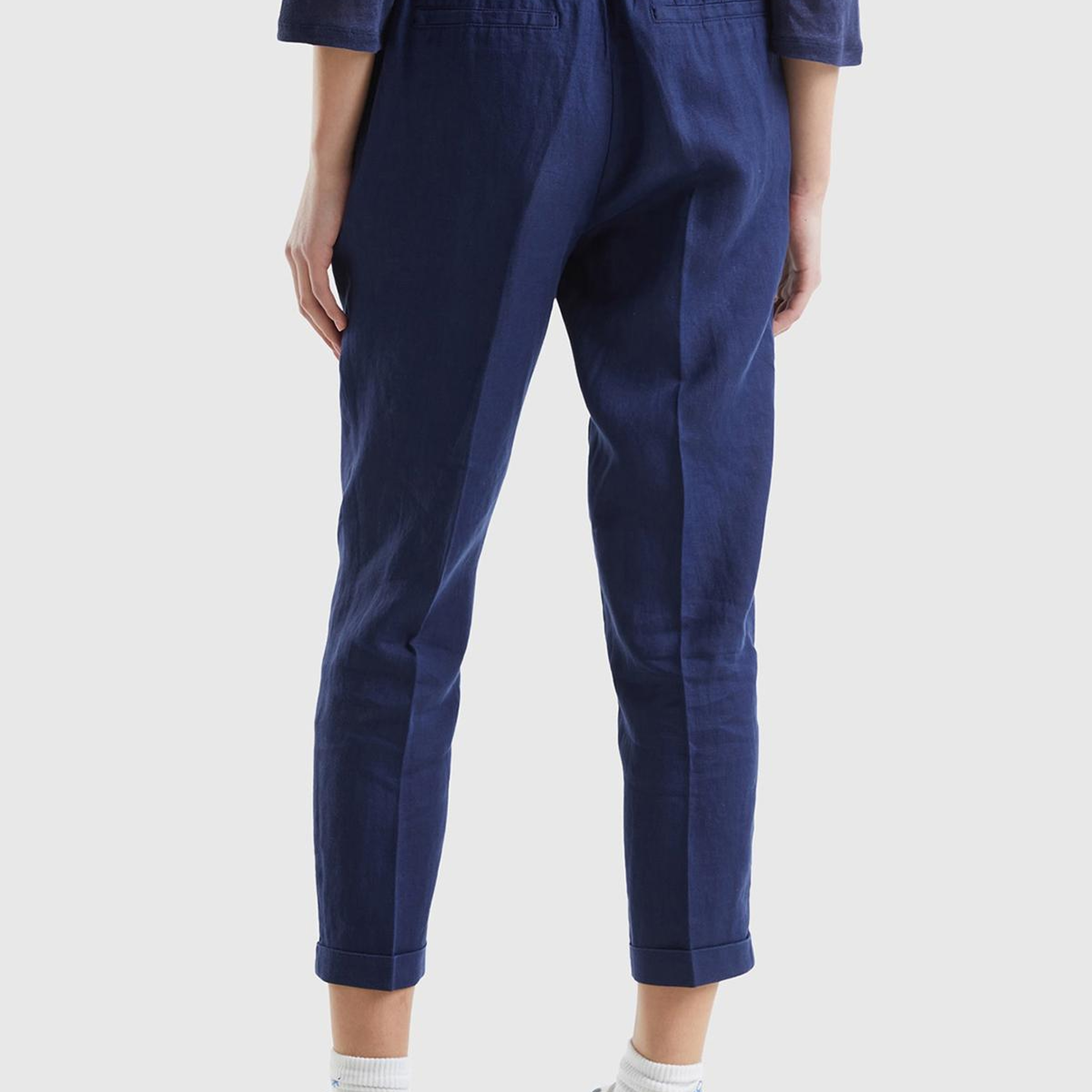 Kadın Lacivert %100 Keten Beli Lastikli Pantolon