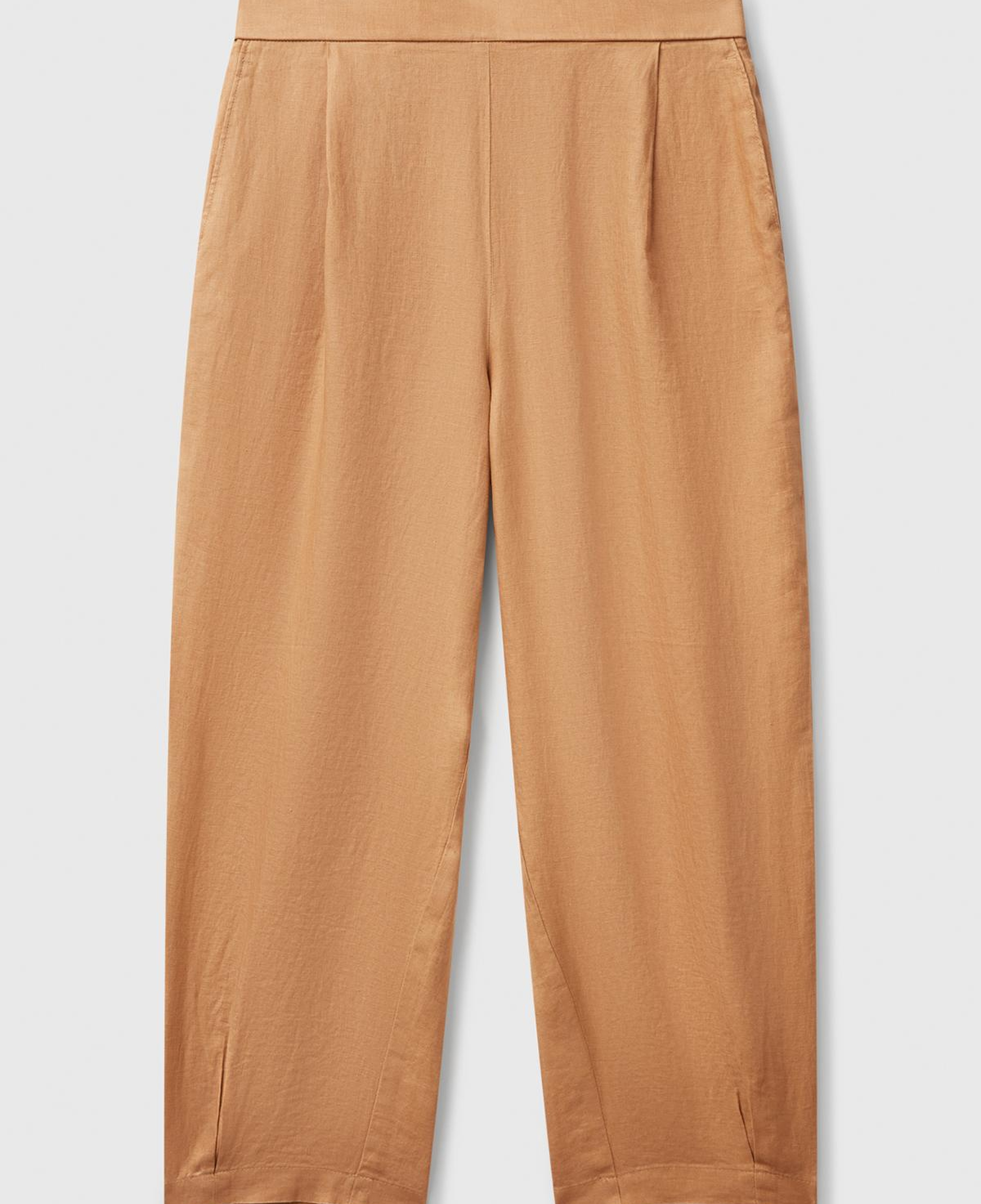 Kadın Bej %100 Keten Arka Beli Lastikli Paçası Dar Relax Fit Pantolon