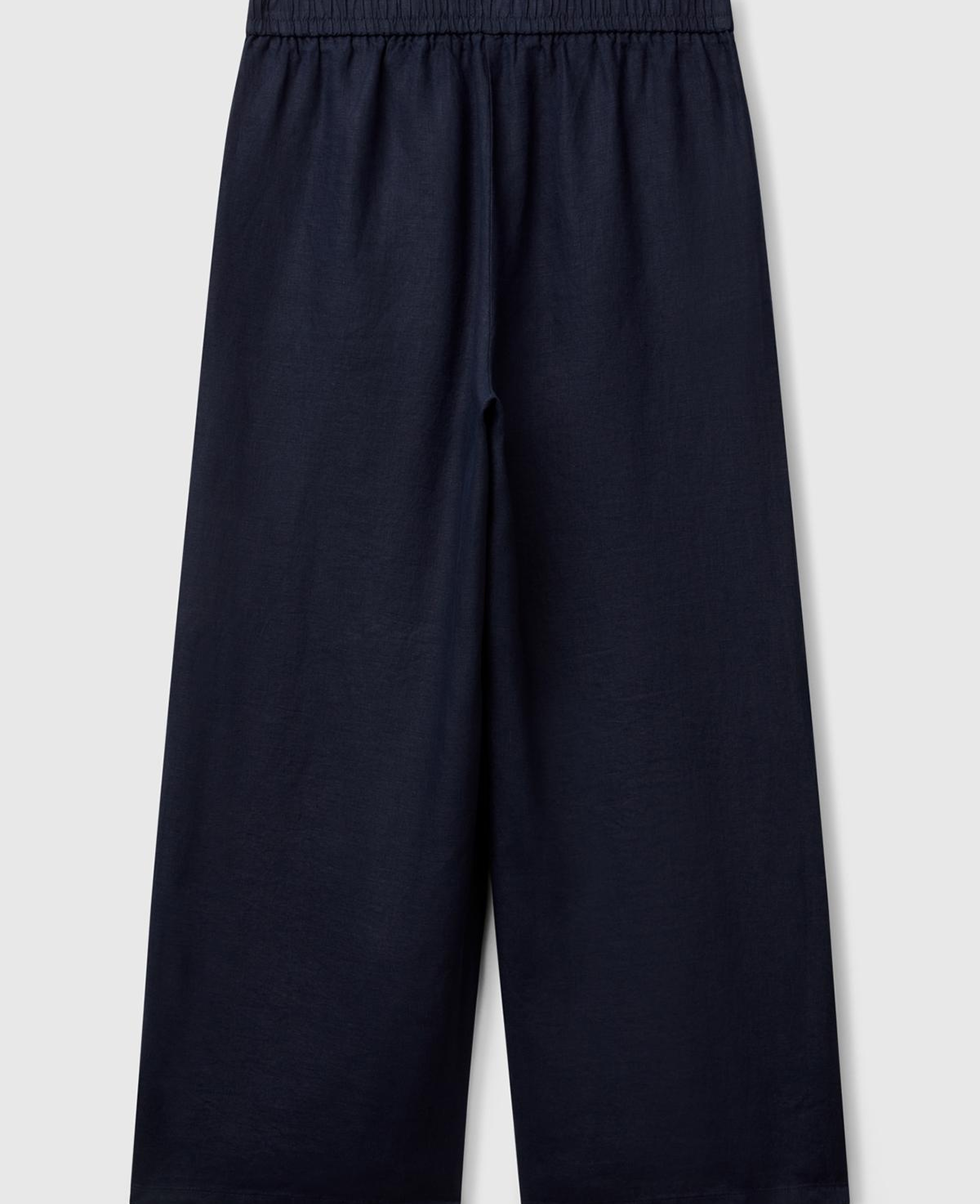 Kadın Lacivert %100 Keten Beli Lastikli Bol Kısa Paça Pantolon