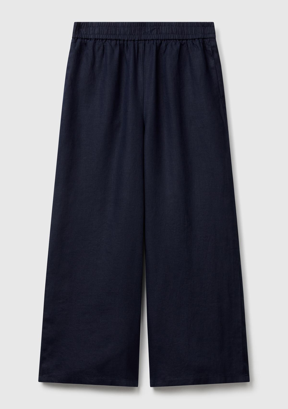 Kadın Lacivert %100 Keten Beli Lastikli Bol Kısa Paça Pantolon