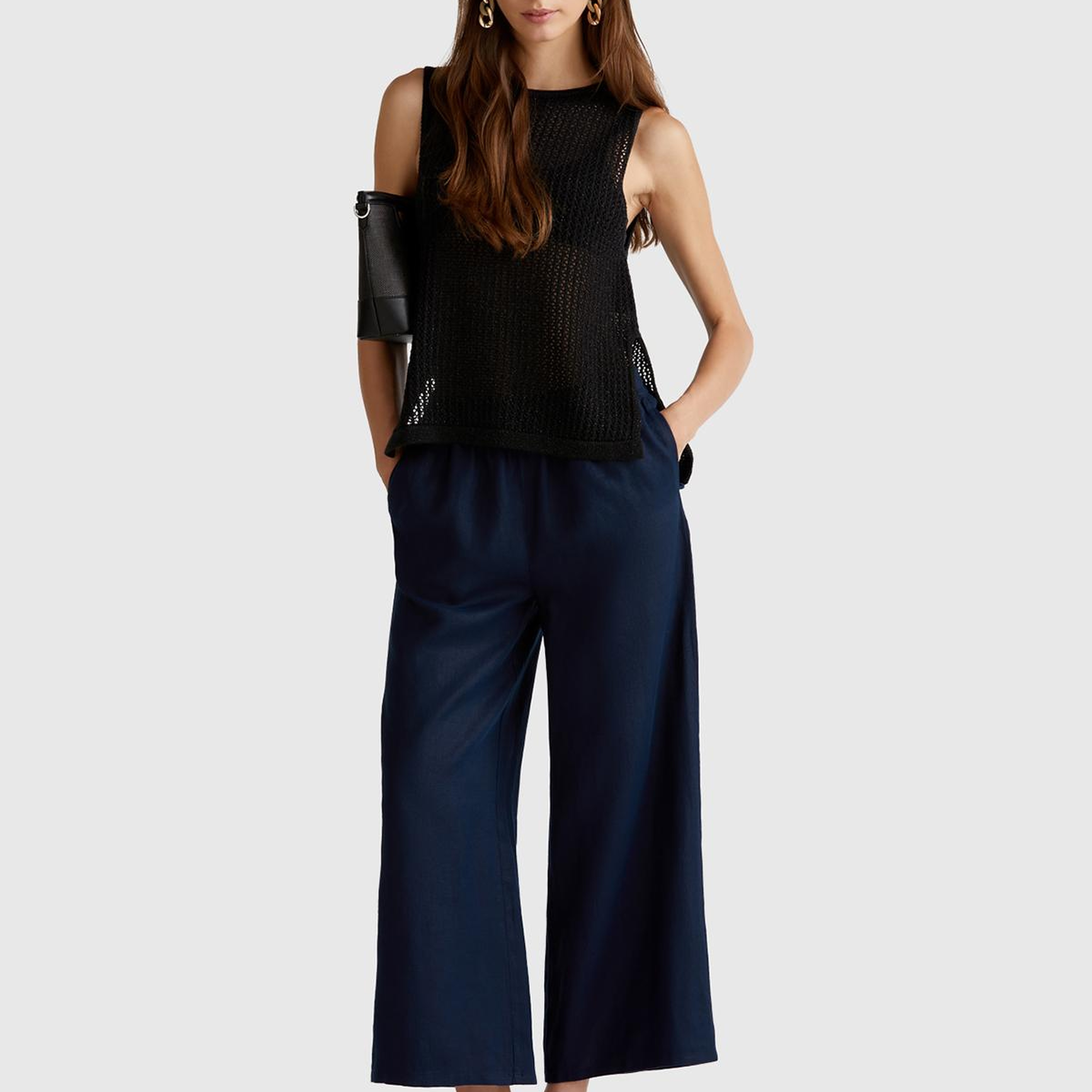Kadın Lacivert %100 Keten Beli Lastikli Bol Kısa Paça Pantolon