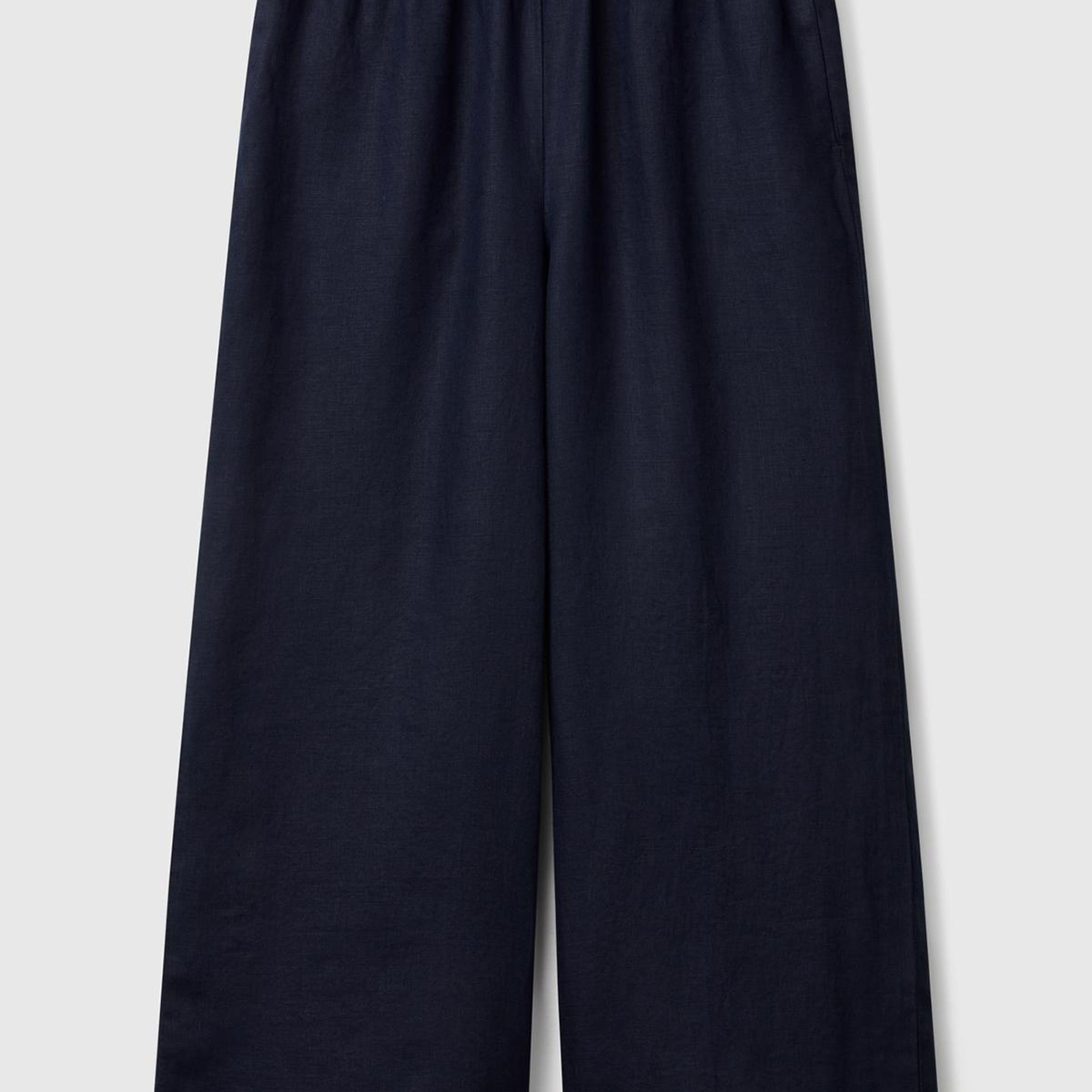 Kadın Lacivert %100 Keten Beli Lastikli Bol Kısa Paça Pantolon