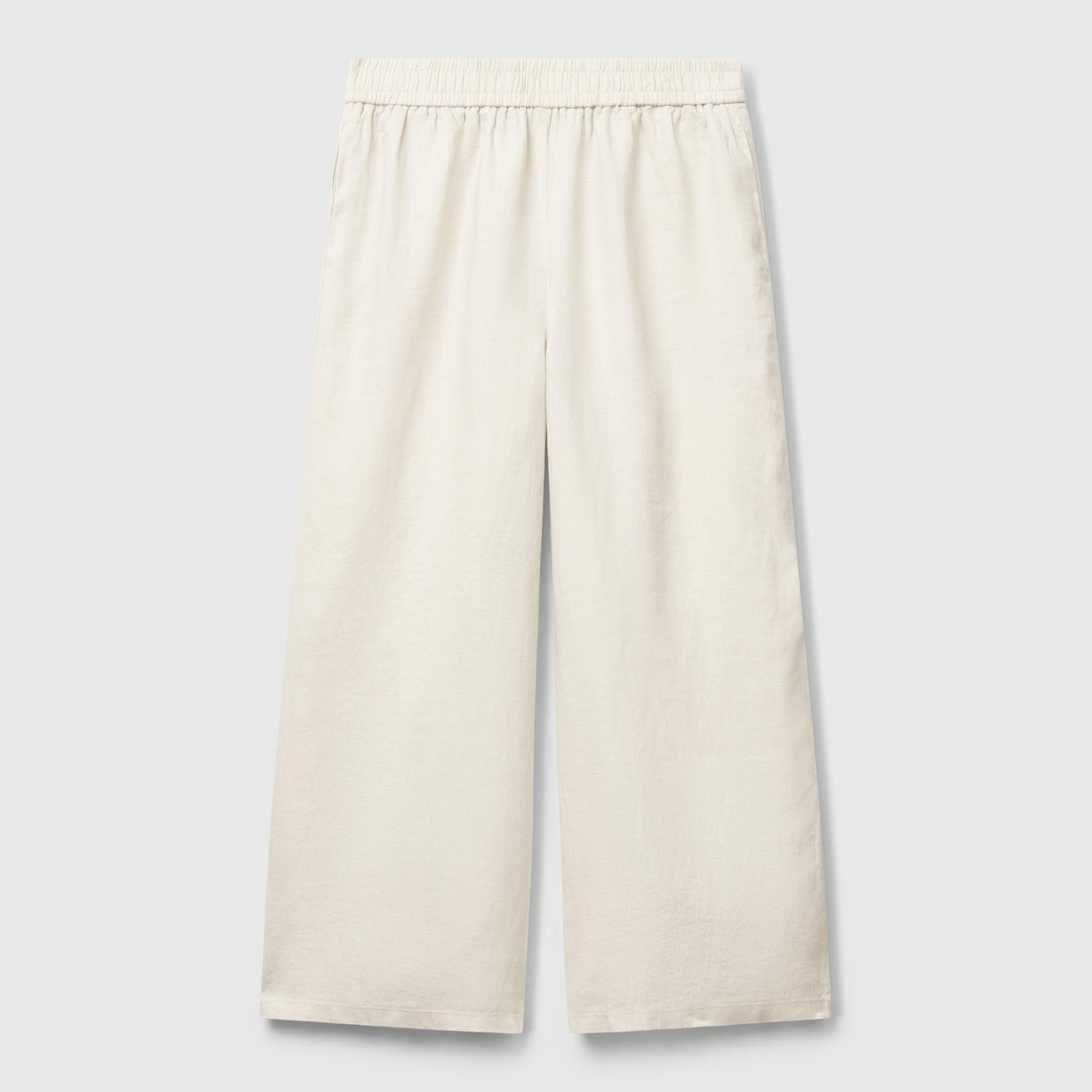 Kadın Taş Rengi %100 Keten Beli Lastikli Bol Kısa Paça Pantolon