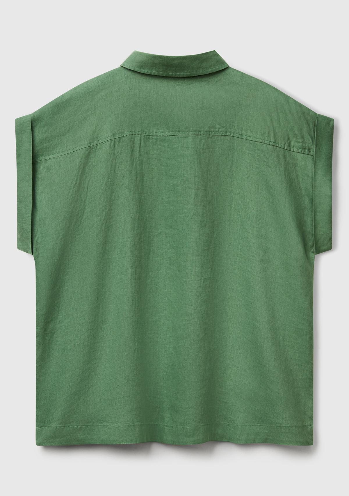 Kadın Açık Yeşil %100 Keten Omuz Detaylı Kısa Kollu Gömlek