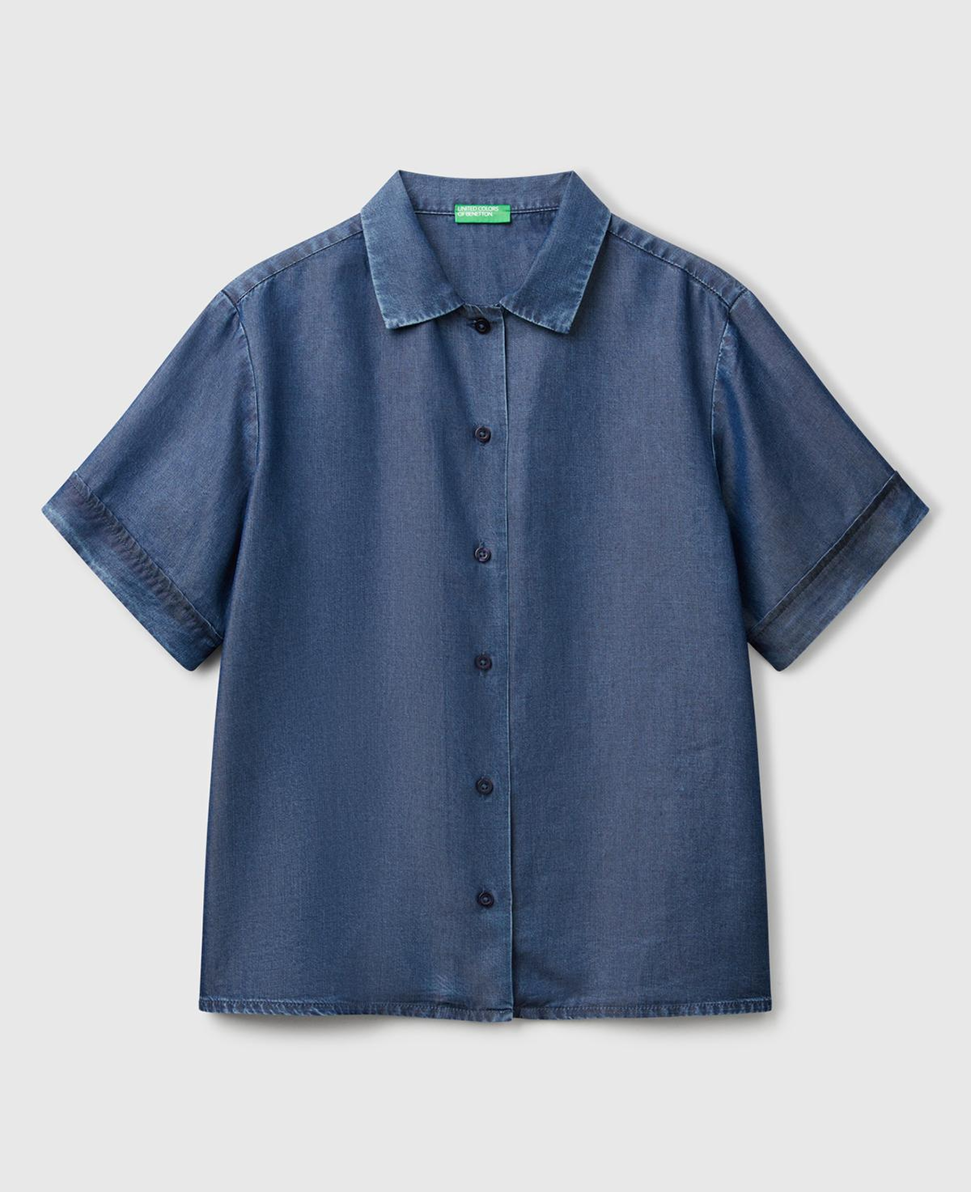 Kadın Koyu Mavi %100 Liyosel Kısa Kollu Denim Gömlek