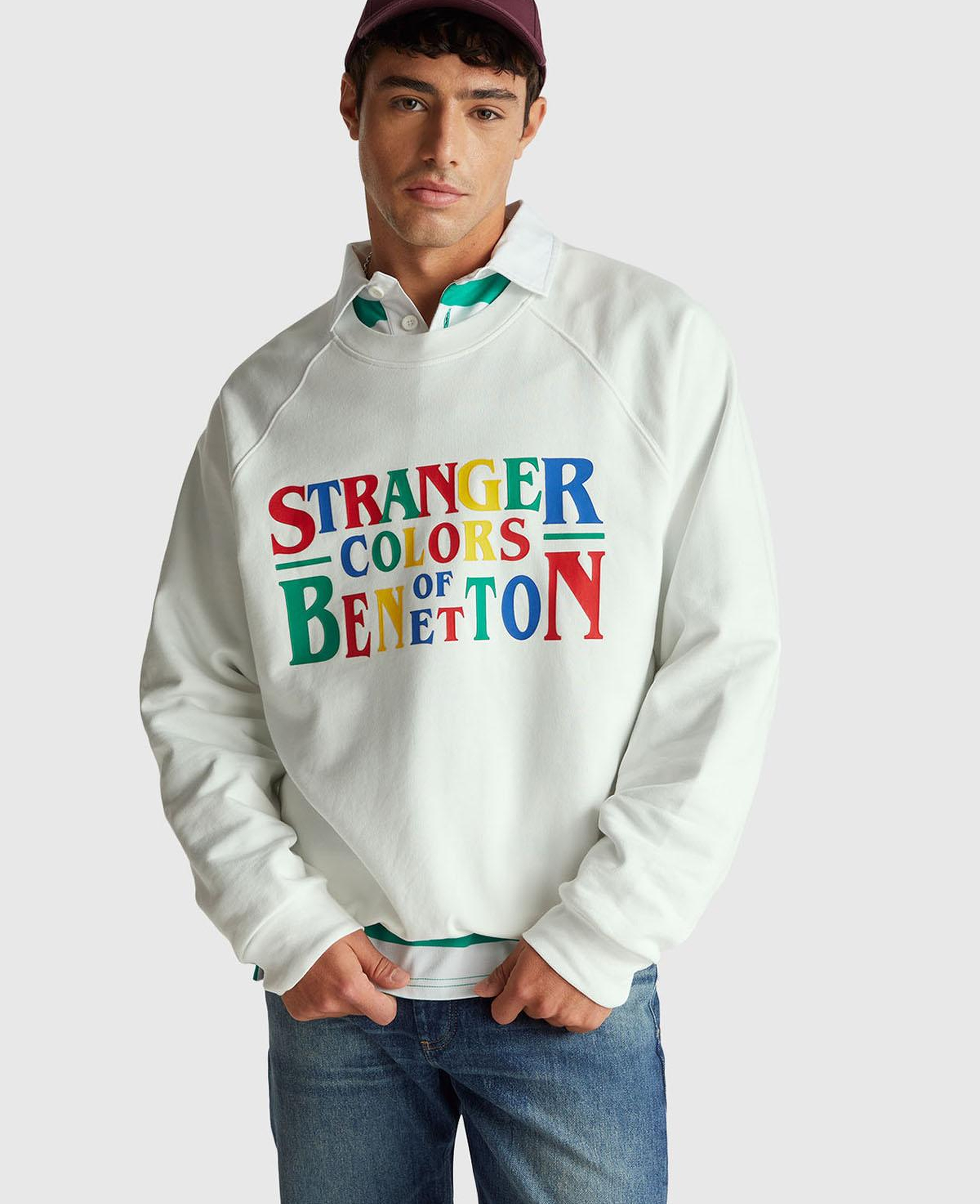 Erkek Beyaz %100 Pamuk Relaxed Fit Stranger Things Baskılı Sweatshirt