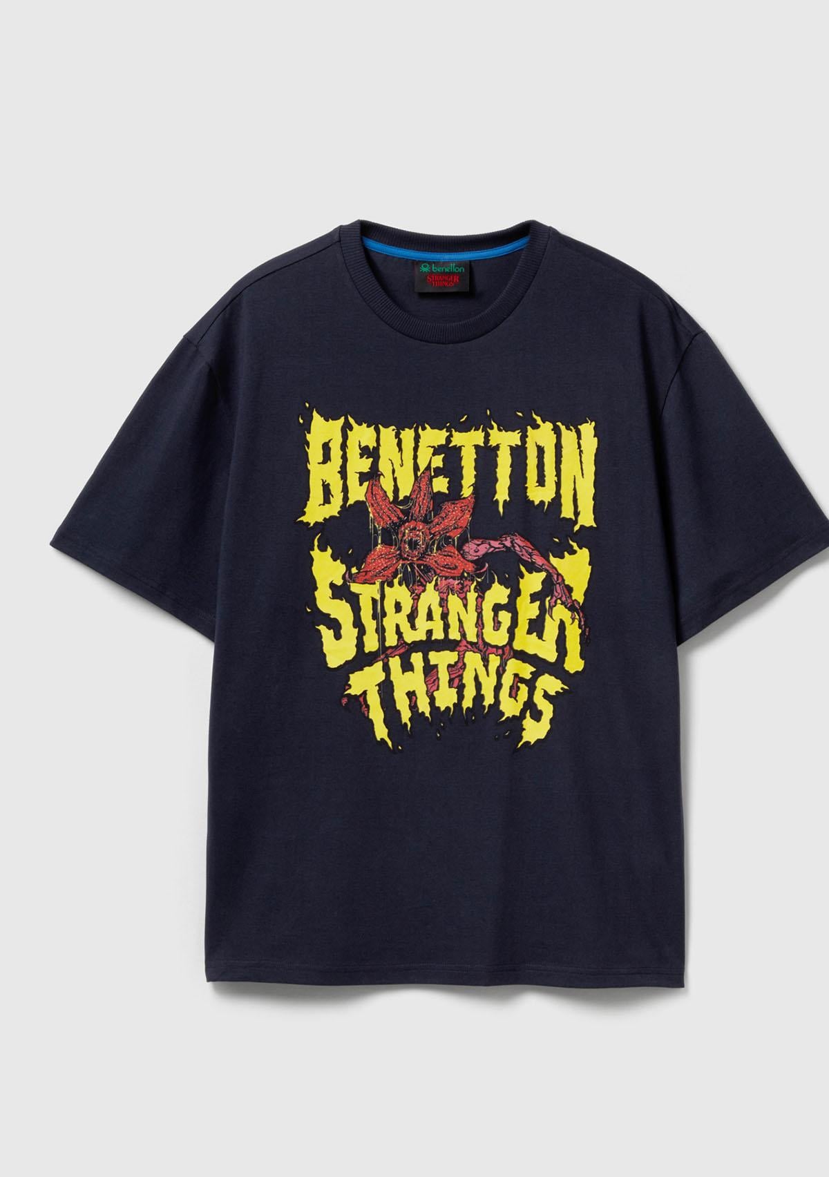 Erkek Lacivert %100 Pamuk Regular Fit Stranger Things Baskılı T-Shirt