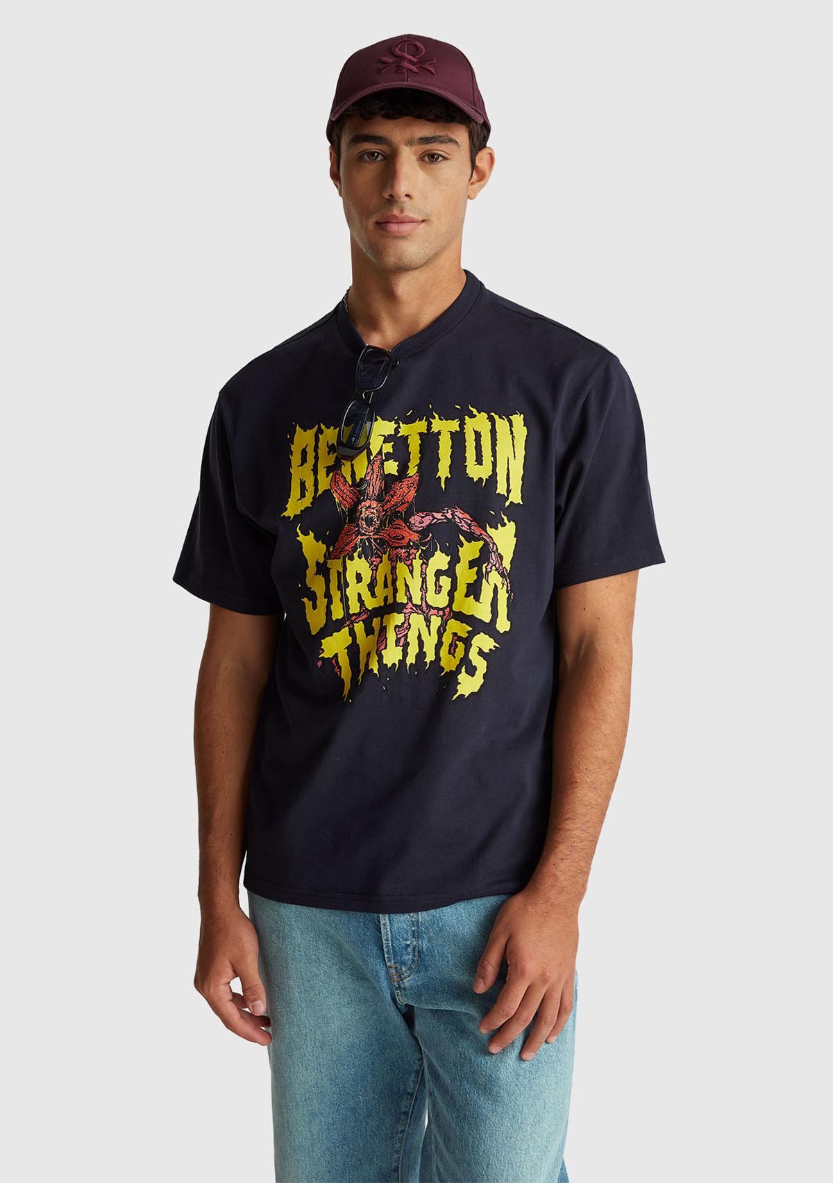 Erkek Lacivert %100 Pamuk Regular Fit Stranger Things Baskılı T-Shirt