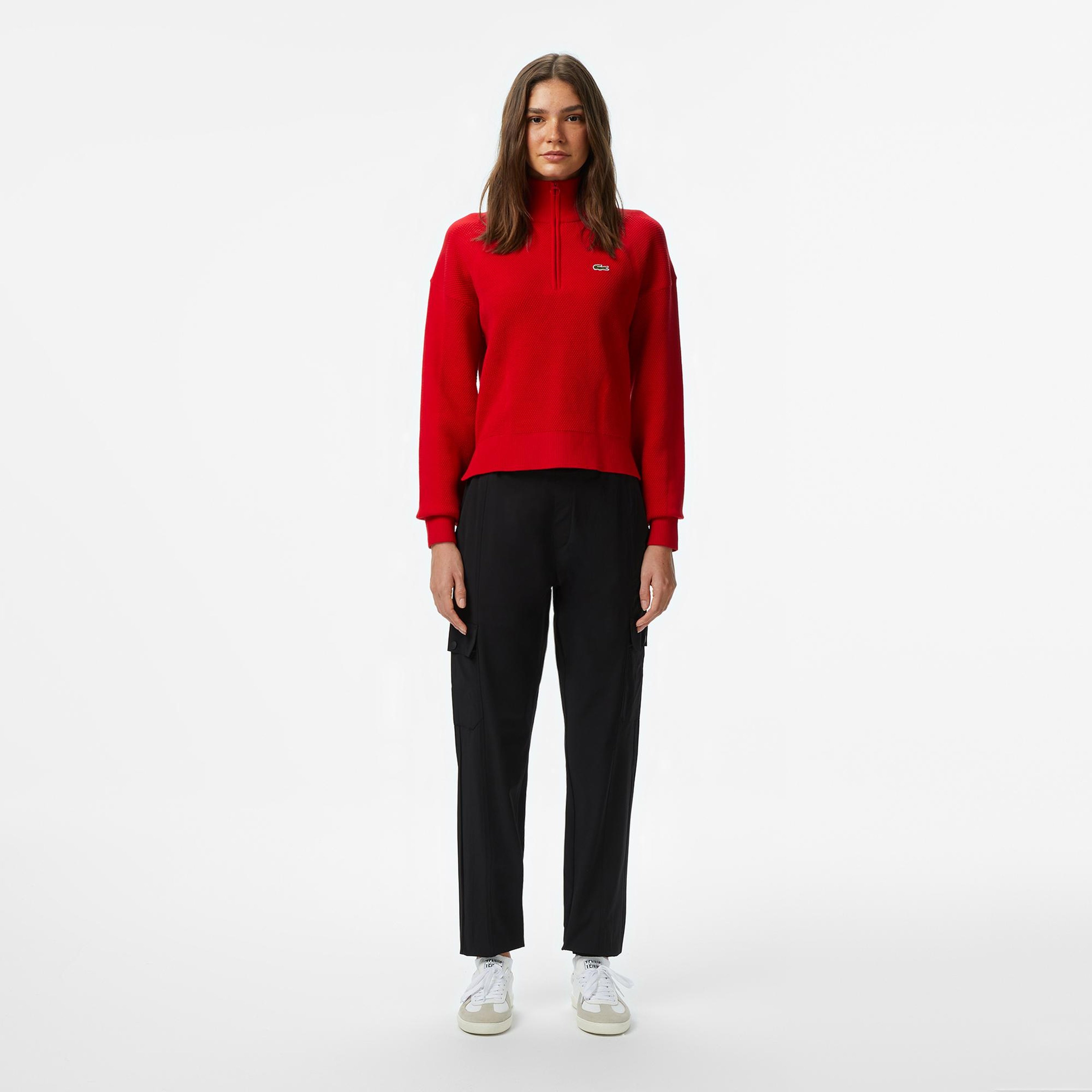 Lacoste Kadın Relaxed Fit Yarım Fermuarlı Kırmızı Kazak