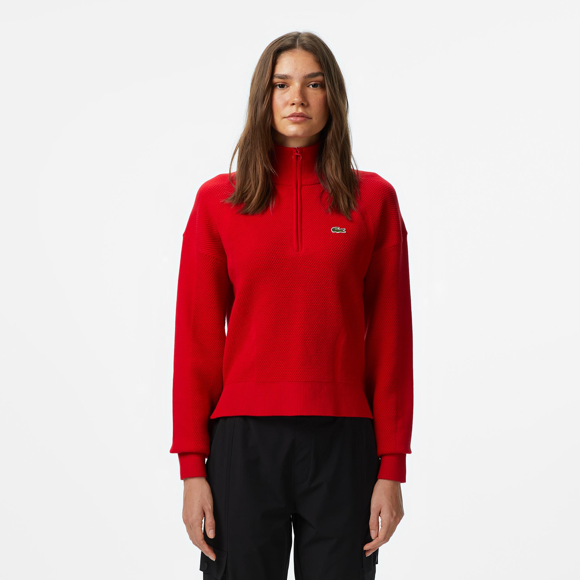 Lacoste Kadın Relaxed Fit Yarım Fermuarlı Kırmızı Kazak