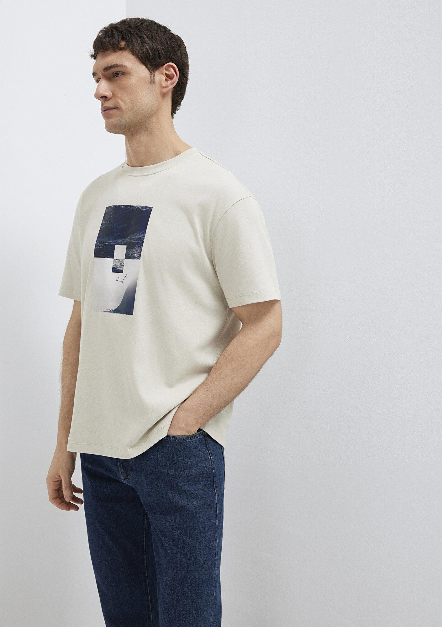 Mavi Baskılı Bej Tişört Loose Fit / Bol Rahat Kesim 0613601-70144