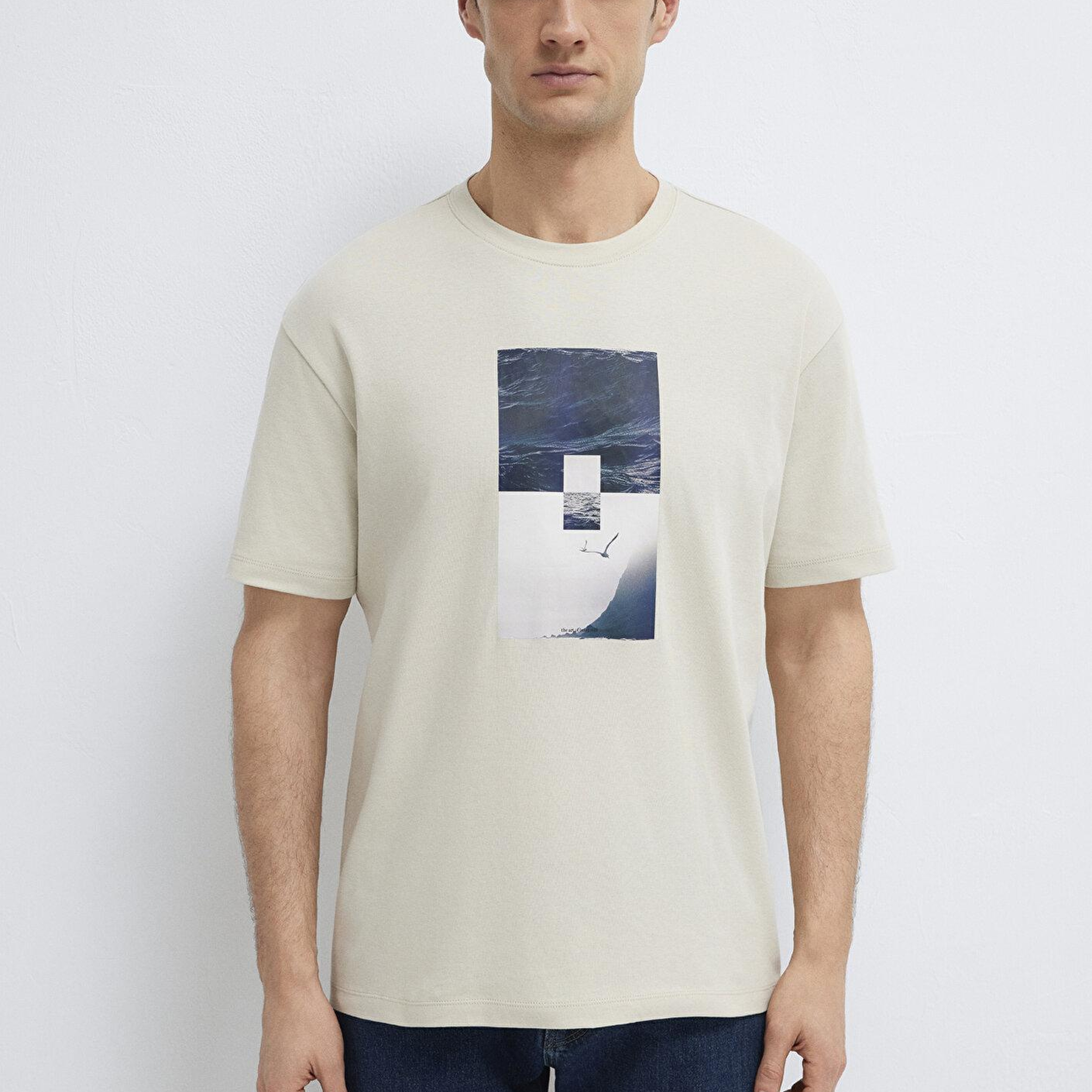 Mavi Baskılı Bej Tişört Loose Fit / Bol Rahat Kesim 0613601-70144