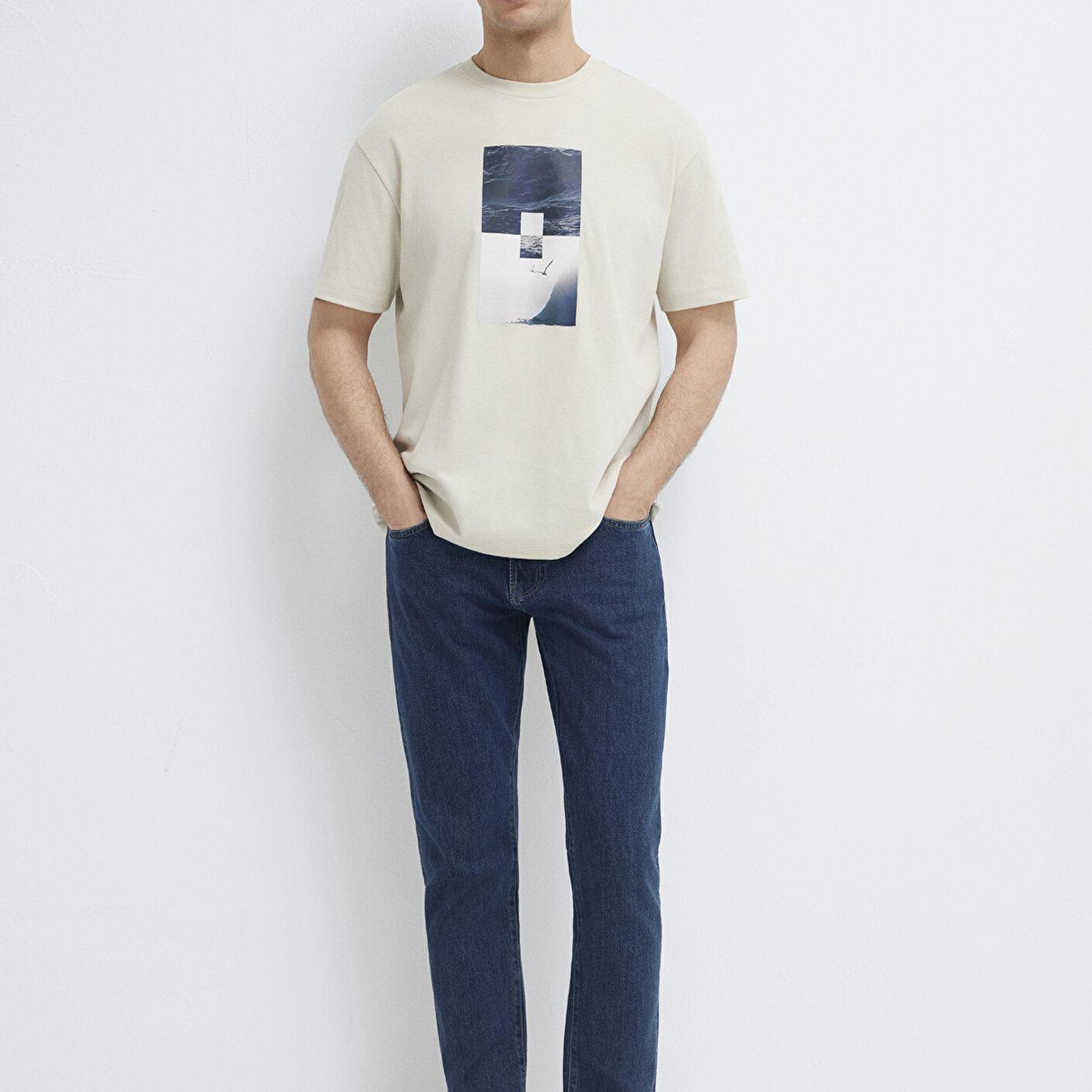 Mavi Baskılı Bej Tişört Loose Fit / Bol Rahat Kesim 0613601-70144