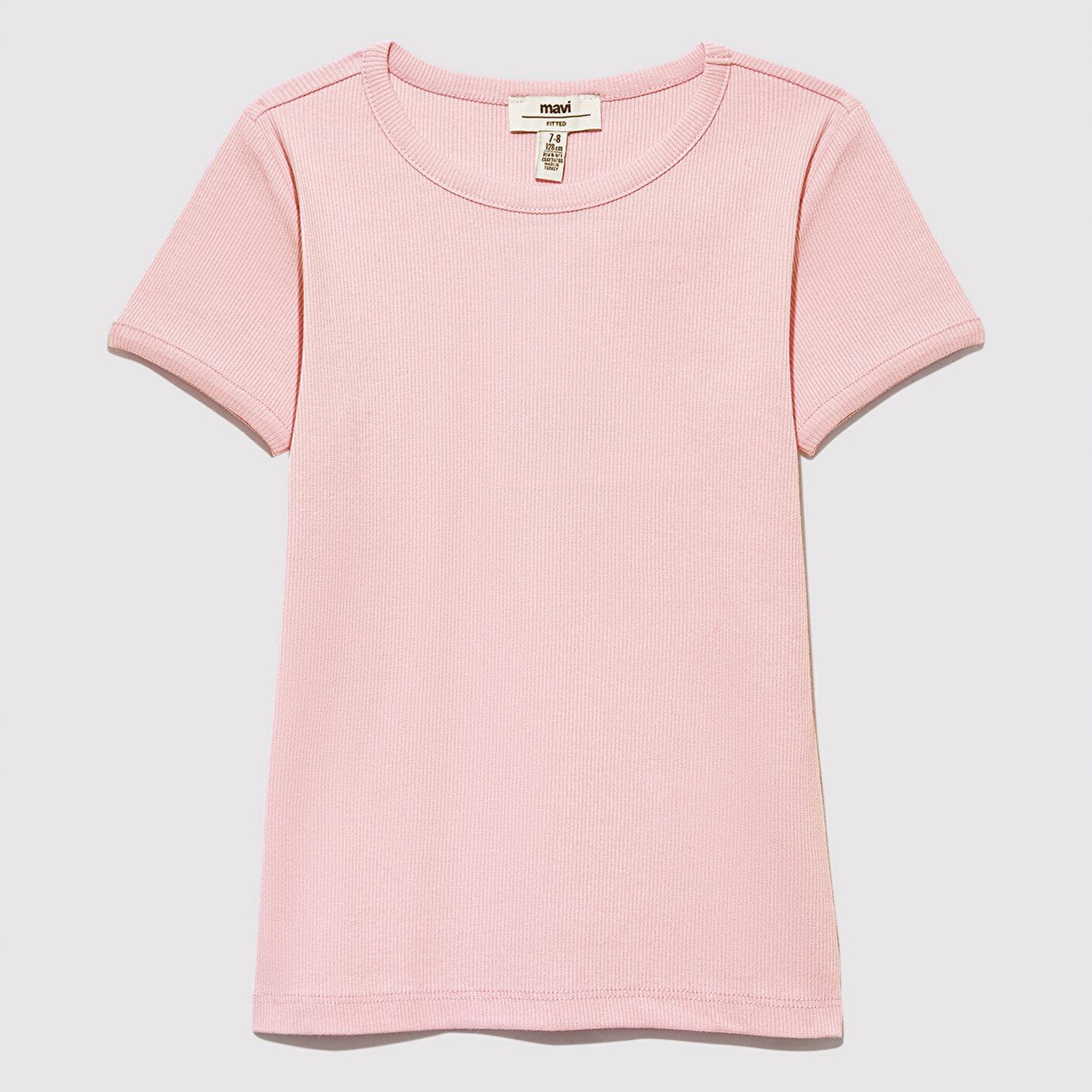 Mavi Fitilli Pembe Basic Tişört Fitted / Vücuda Oturan Kesim 7610260-86953