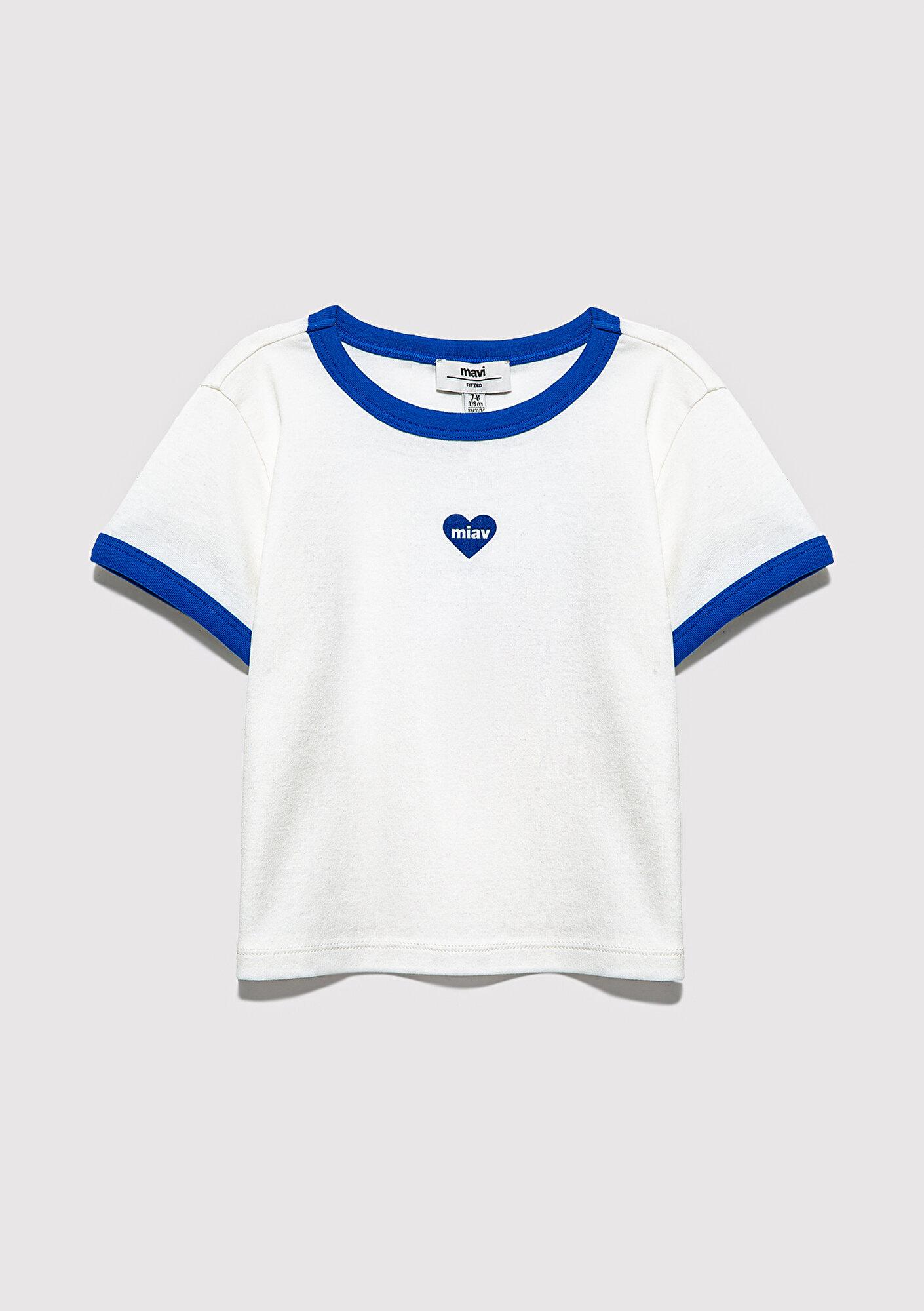 Mavi Miav Kalp Nakışlı Beyaz Tişört Fitted / Vücuda Oturan Kesim 7610492-70057