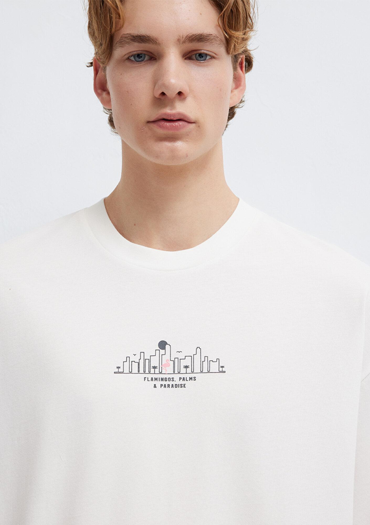 Mavi Miami Baskılı Ekru Tişört Oversize / Geniş Kesim 0613296-70057