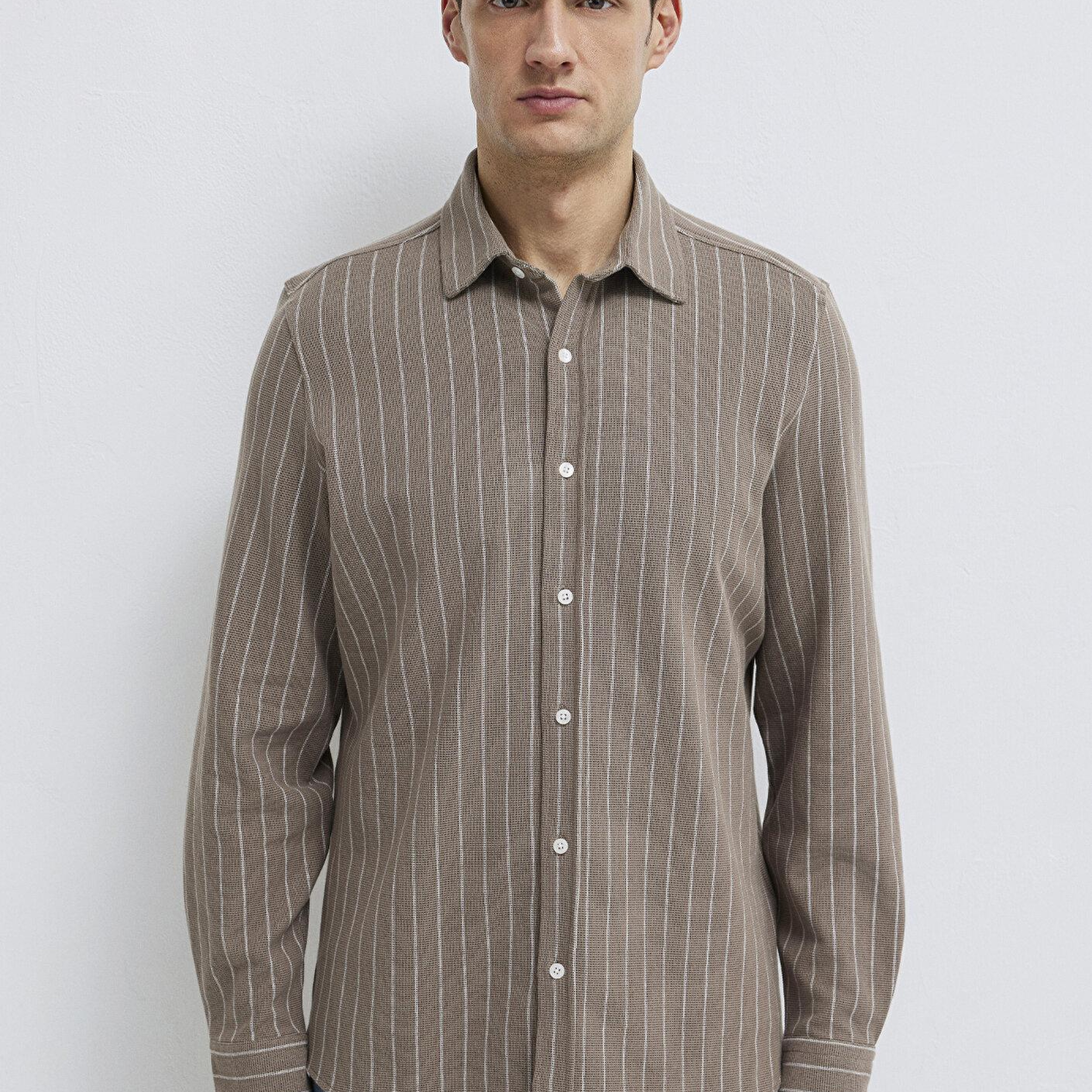 Mavi Çizgili Kahverengi Gömlek Regular Fit / Normal Kesim 0211998-91553