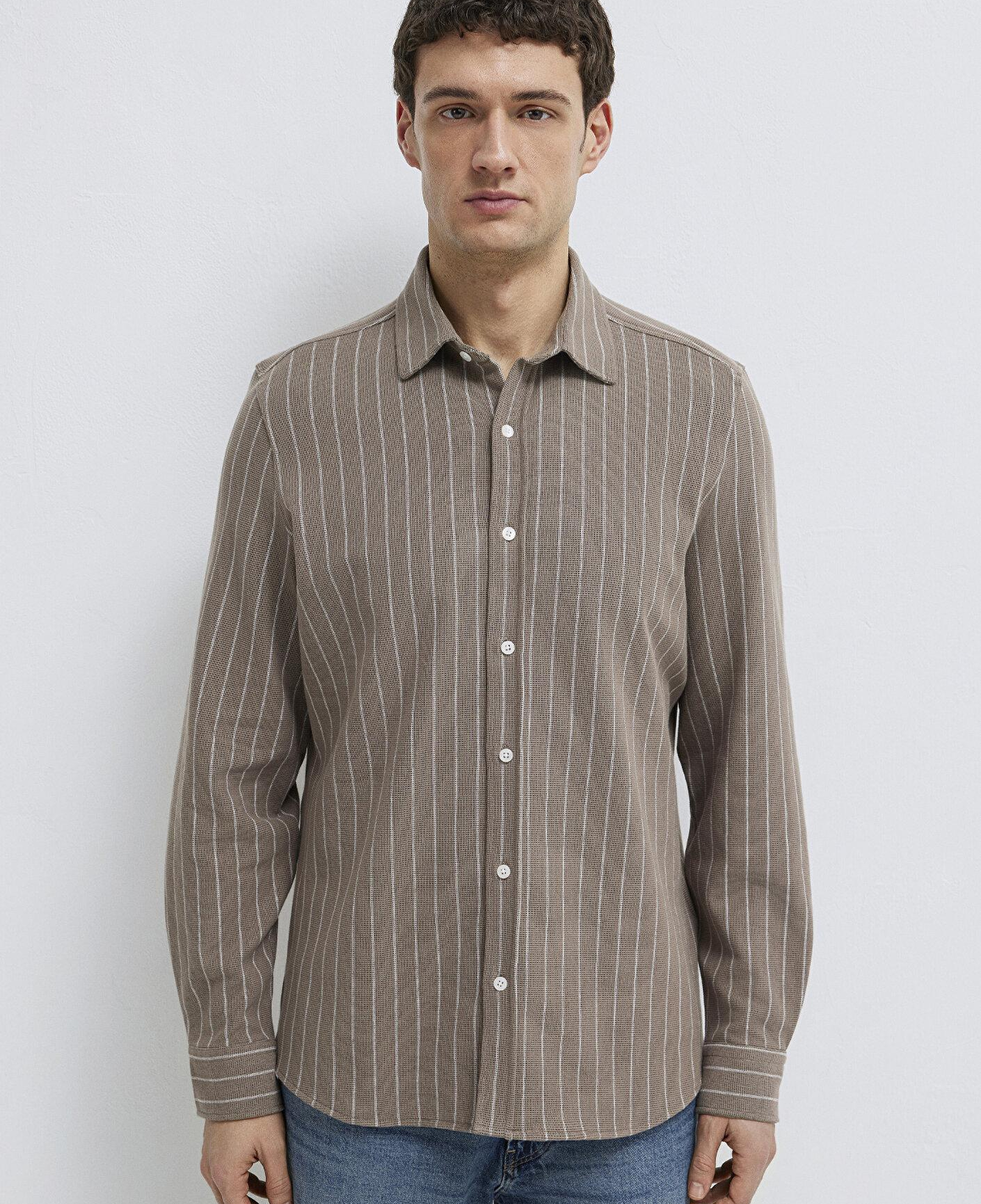 Mavi Çizgili Kahverengi Gömlek Regular Fit / Normal Kesim 0211998-91553