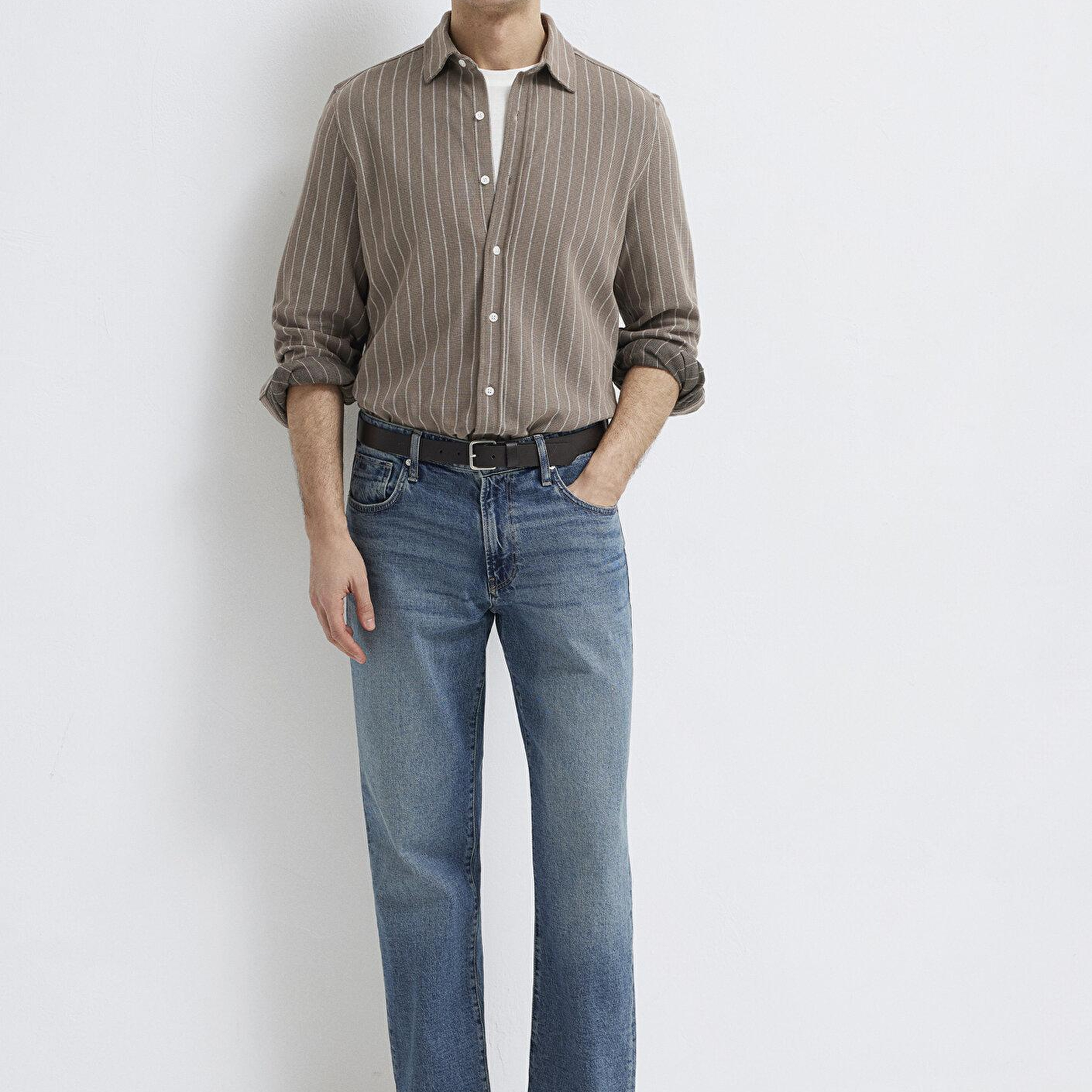 Mavi Çizgili Kahverengi Gömlek Regular Fit / Normal Kesim 0211998-91553