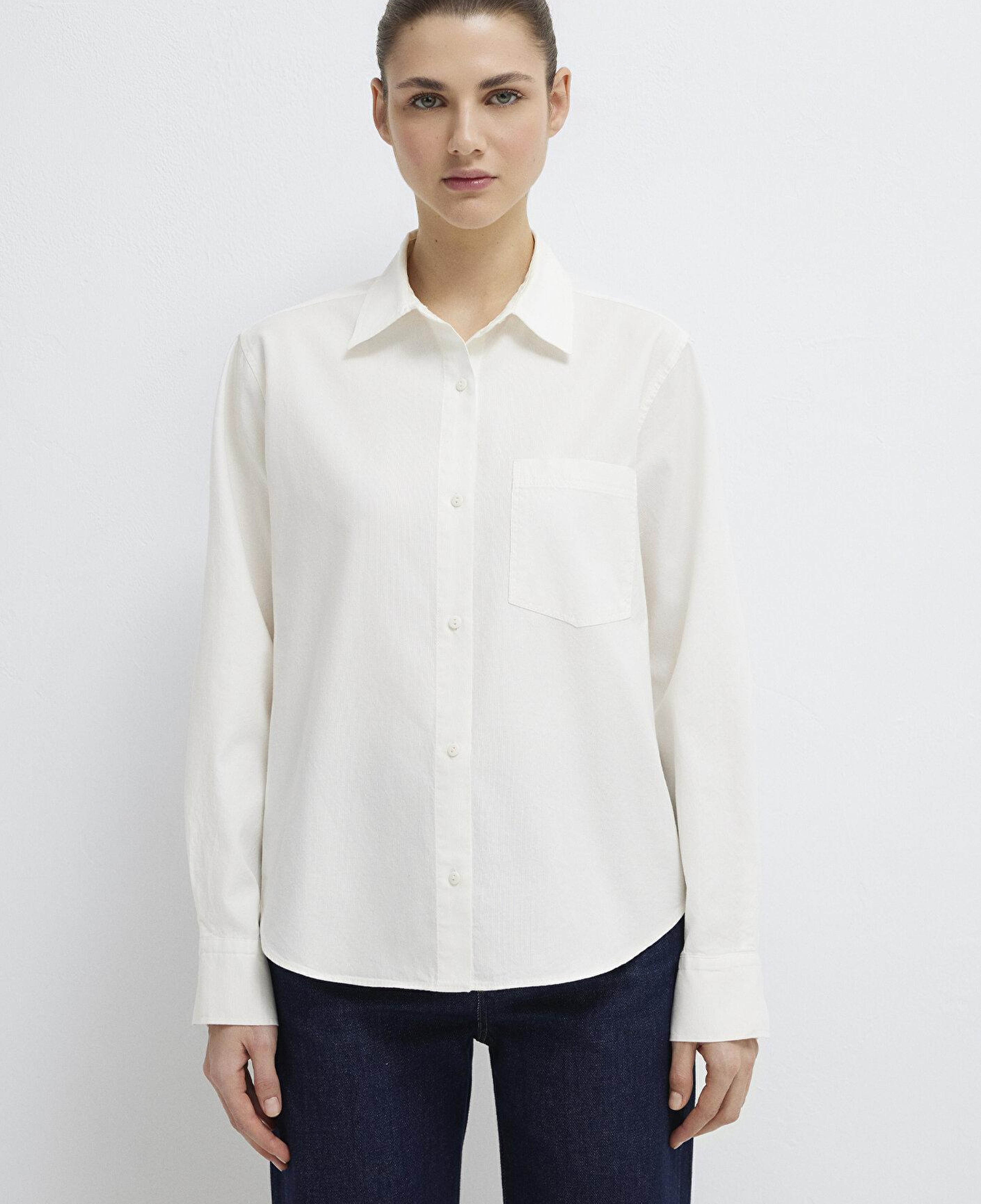 Mavi Cepli Ekru Gömlek Loose Fit / Bol Rahat Kesim 1211434-70057