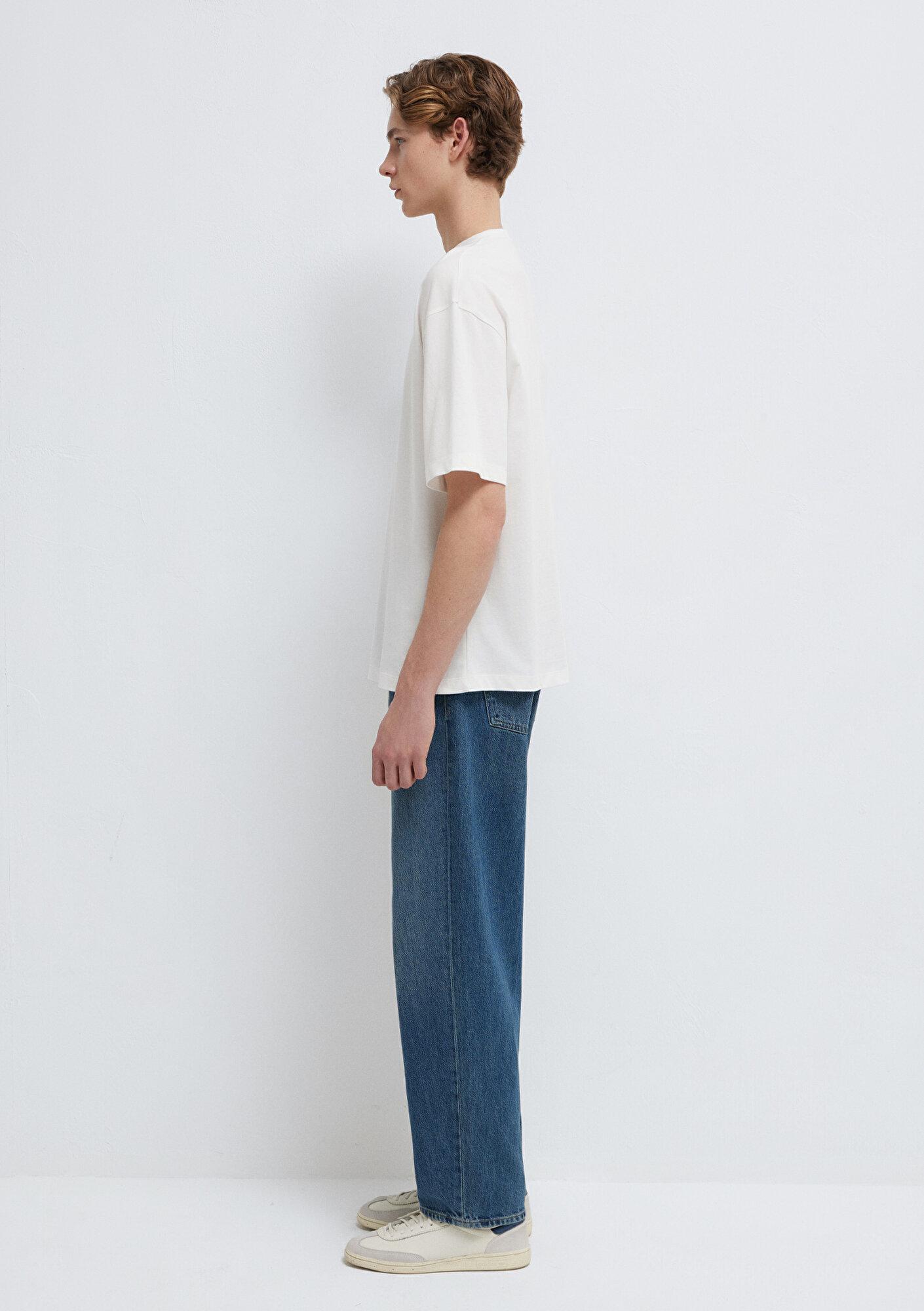 Mavi Ejderha Baskılı Ekru Tişört Oversize / Geniş Kesim 0613300-70057