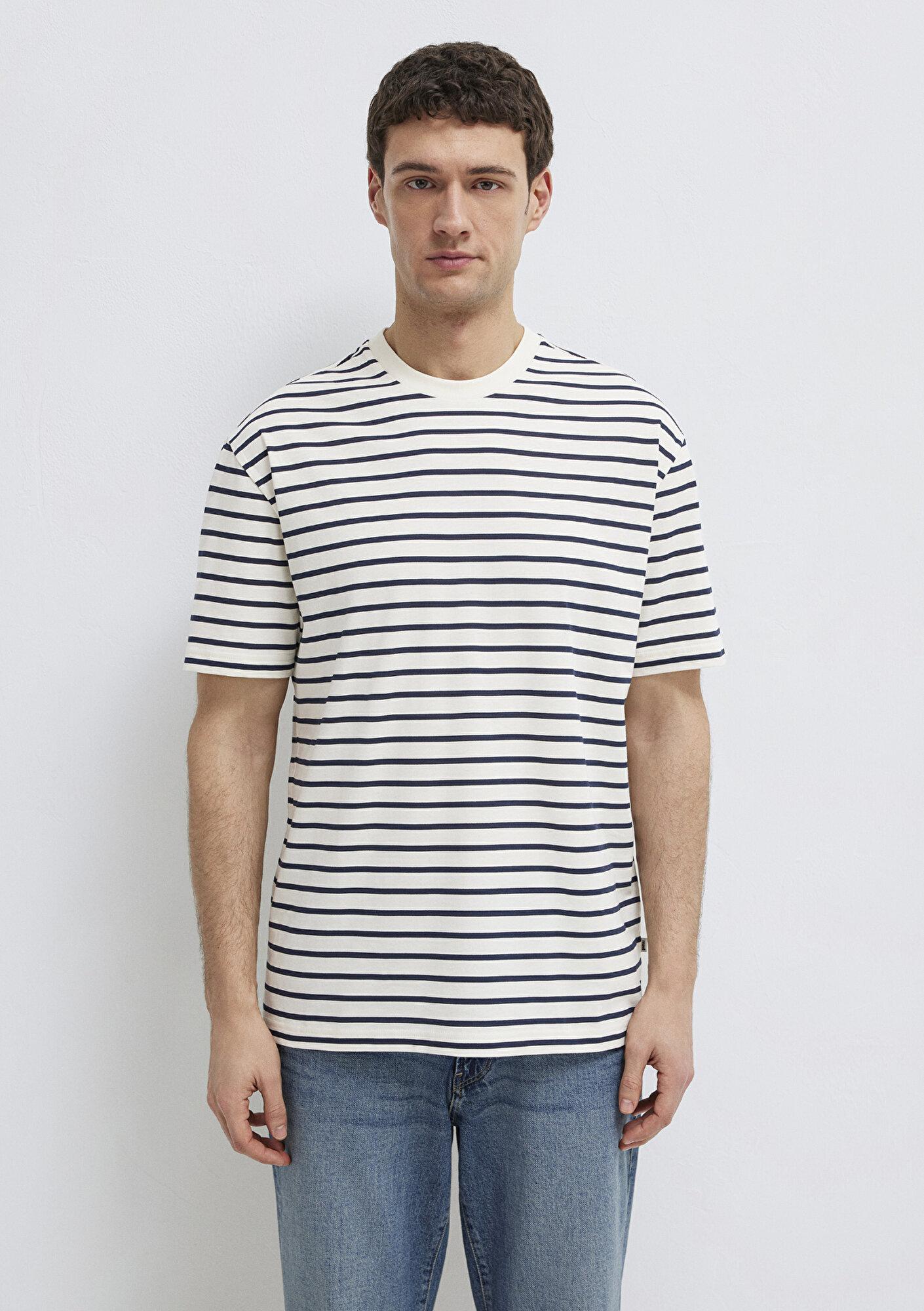 Mavi Lacivert Çizgili Ekru Tişört Loose Fit / Bol Rahat Kesim 0613274-30651