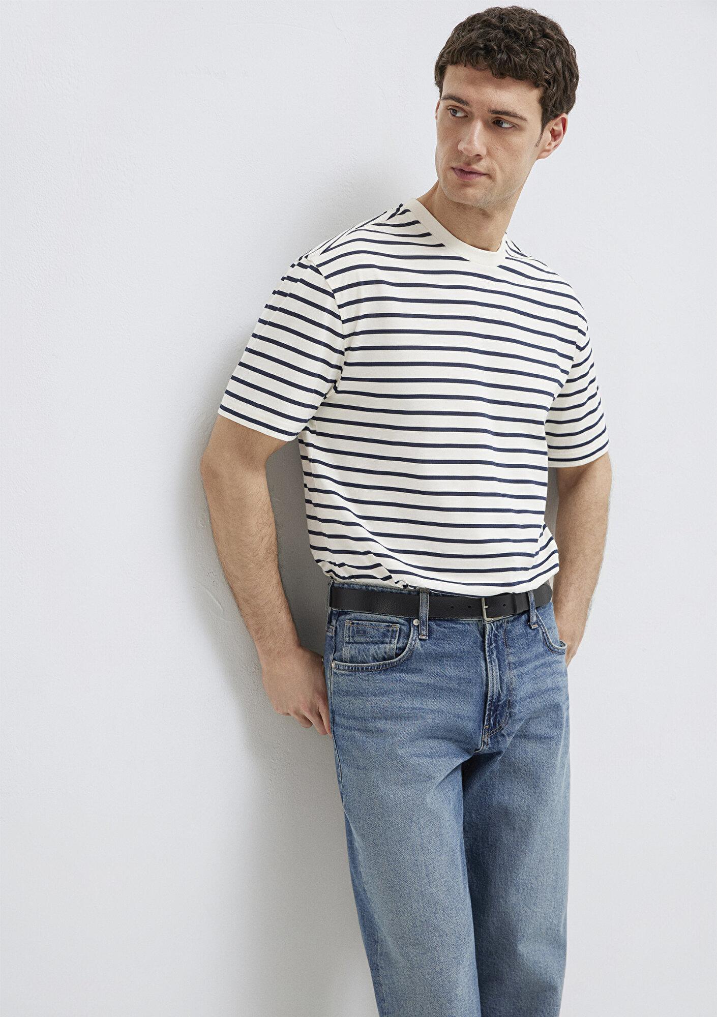 Mavi Lacivert Çizgili Ekru Tişört Loose Fit / Bol Rahat Kesim 0613274-30651